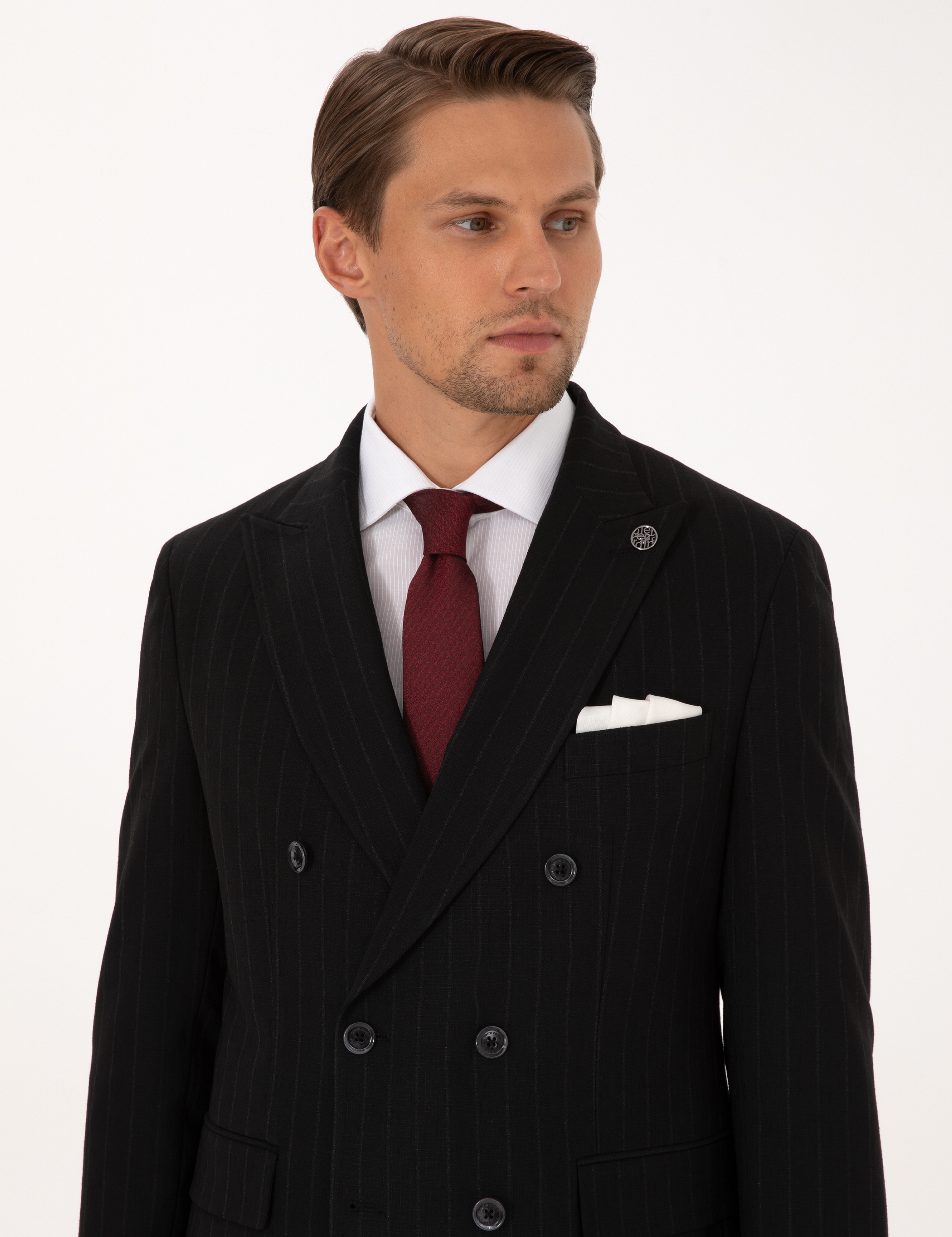Siyah Extra Slim Fit Çizgili Kruvaze Takım Elbise - Image 2