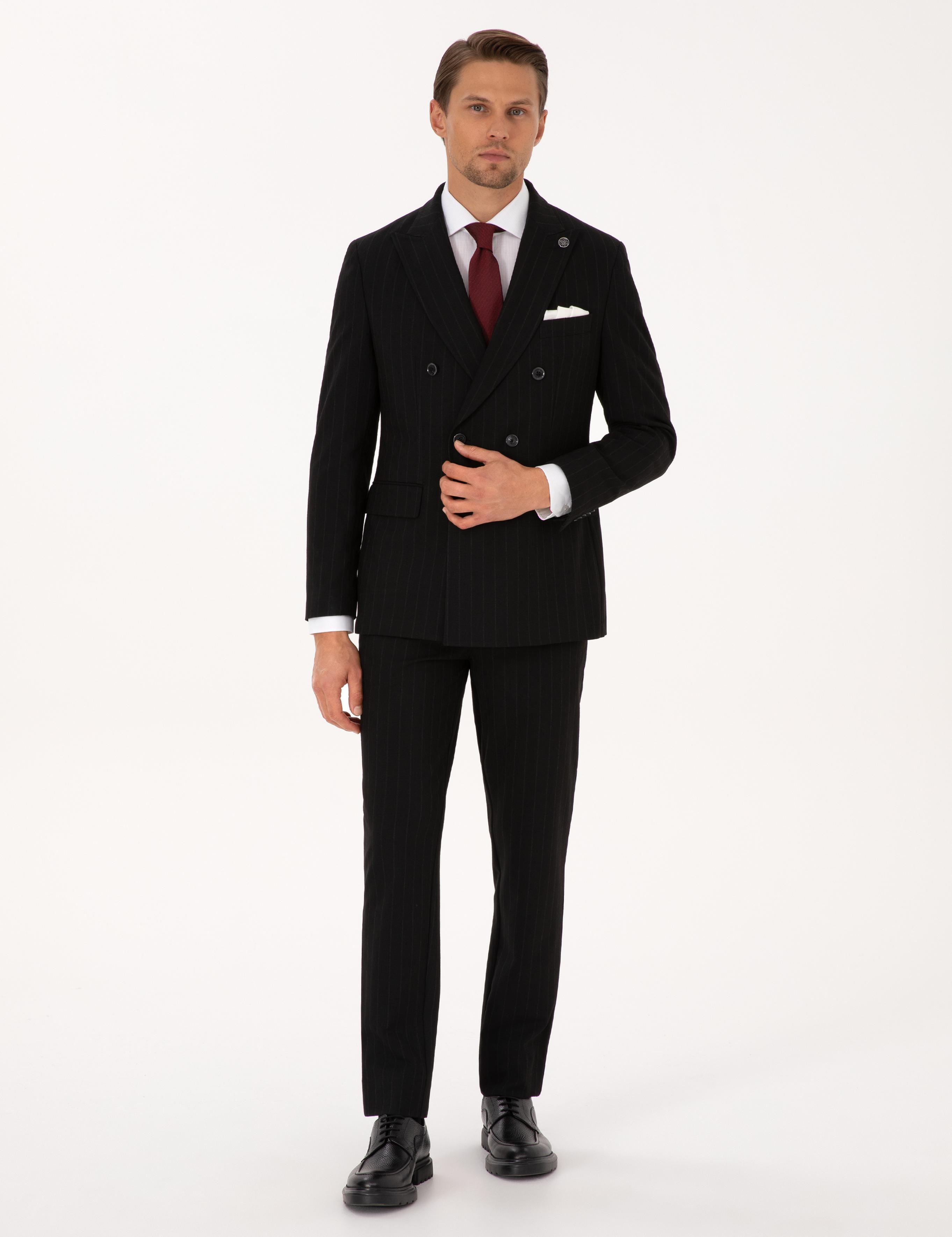 Siyah Ex. Slim Fit Çizgili Kruvaze Takım Elbise