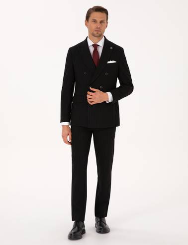 Siyah Ex. Slim Fit Çizgili Kruvaze Takım Elbise