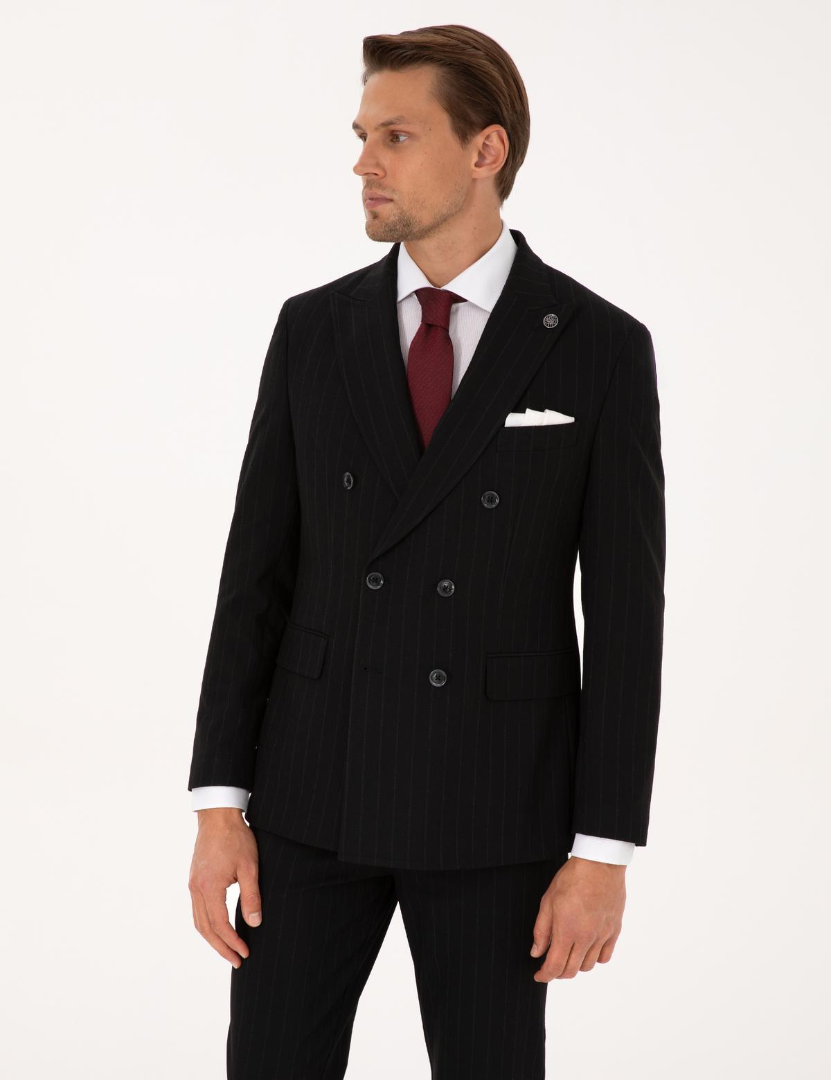 Siyah Ex. Slim Fit Çizgili Kruvaze Takım Elbise - 50319555047