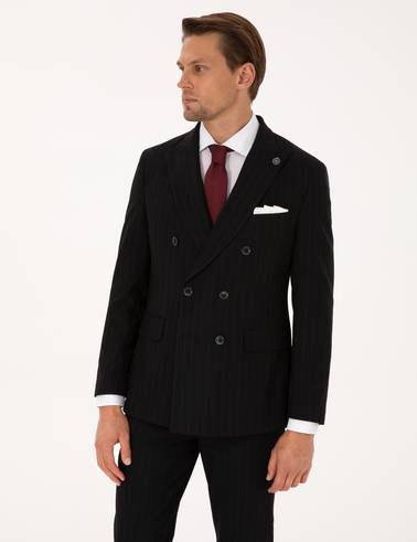 Siyah Ex. Slim Fit Çizgili Kruvaze Takım Elbise
