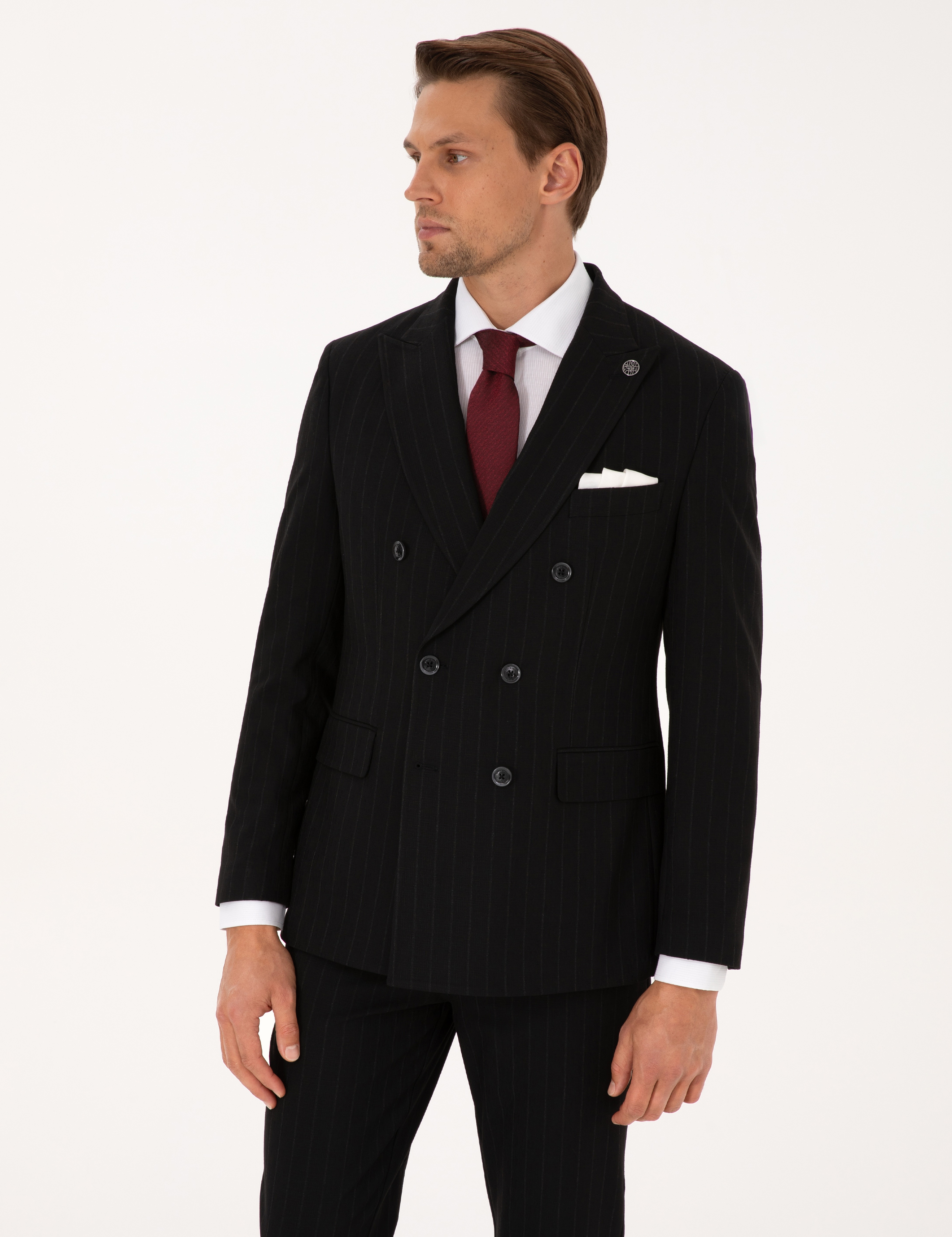 Siyah Extra Slim Fit Çizgili Kruvaze Takım Elbise - Image 3