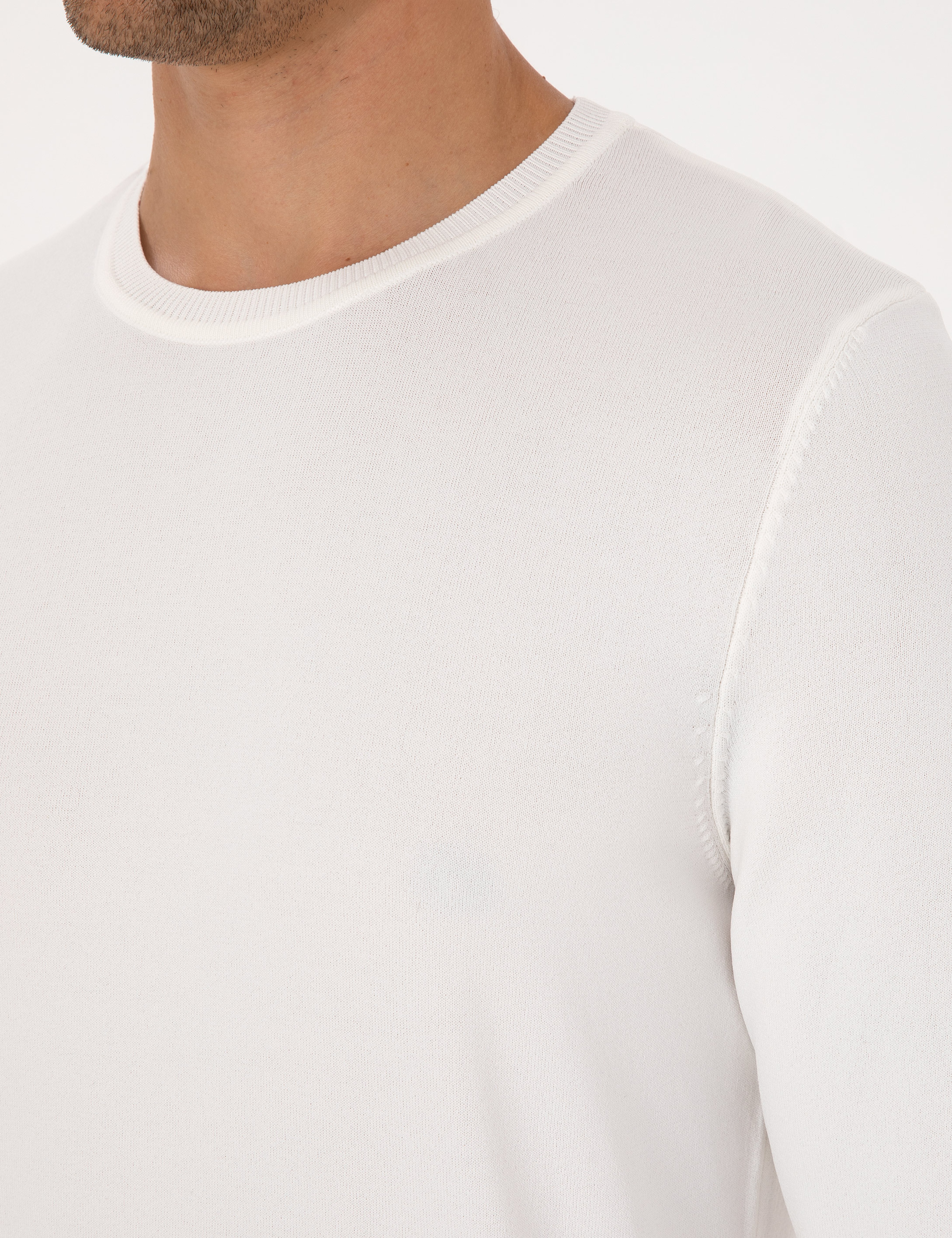 Ekru Slim Fit Bisiklet Yaka Triko Kazak - Image 7