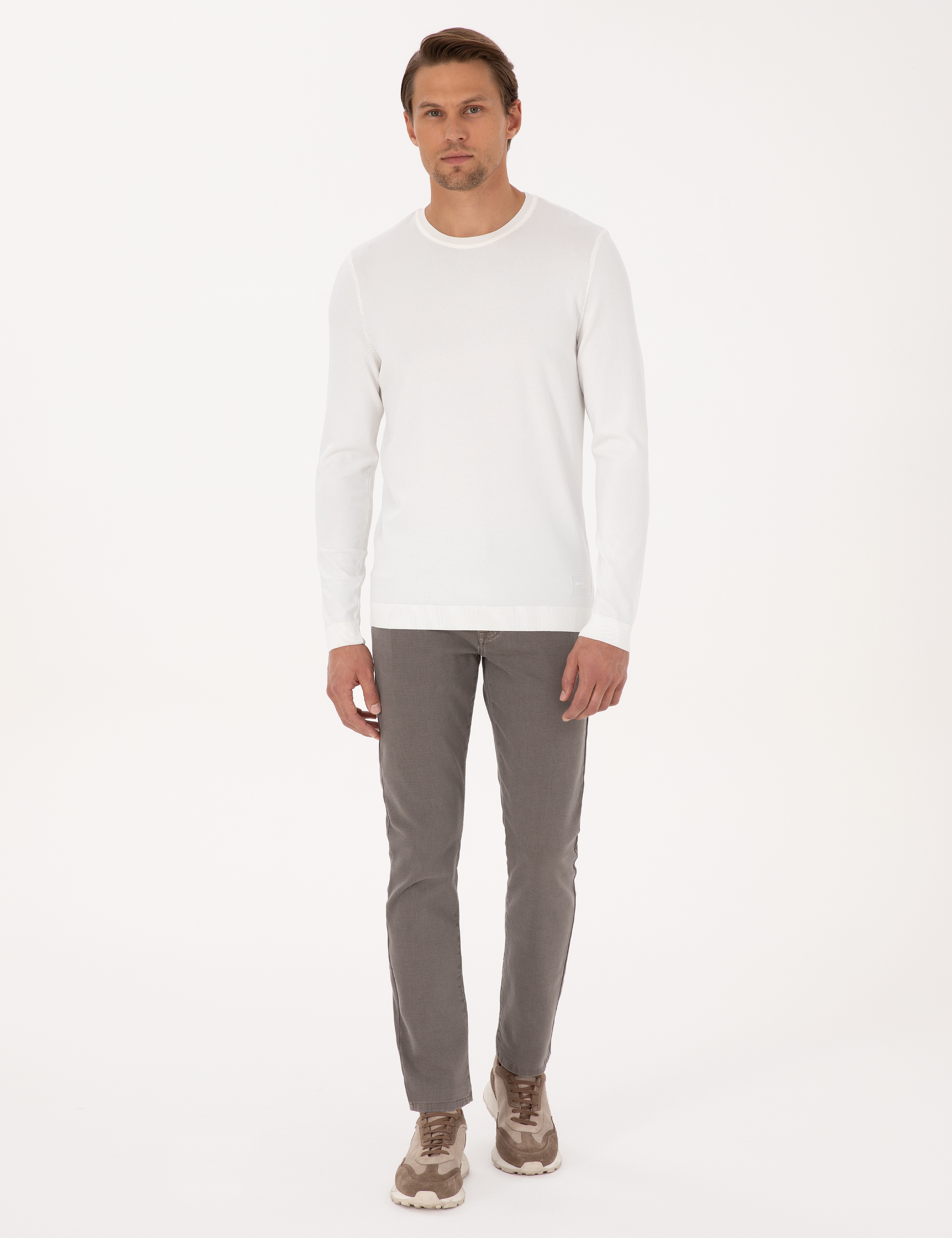 Ekru Slim Fit Bisiklet Yaka Triko Kazak