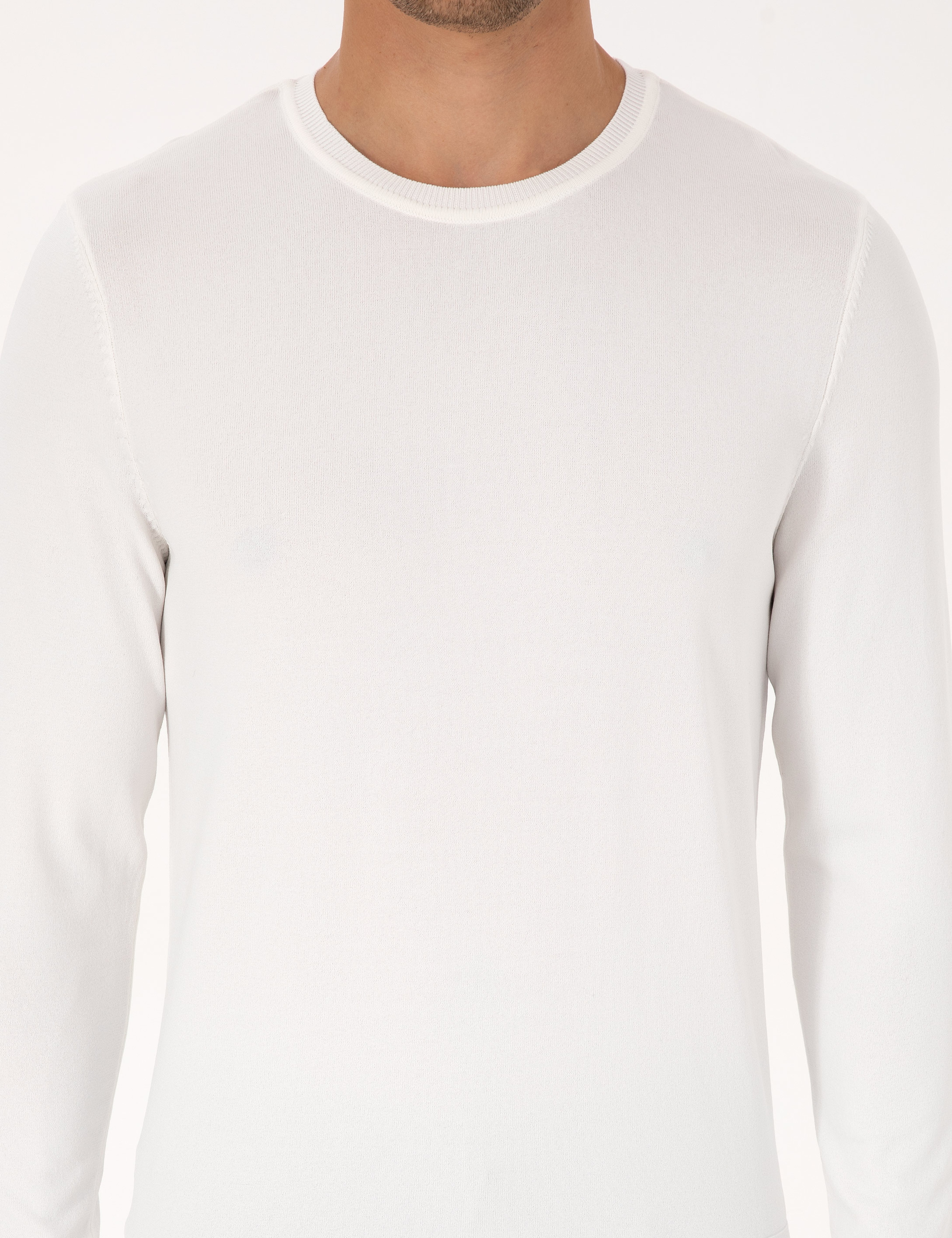 Ekru Slim Fit Bisiklet Yaka Triko Kazak