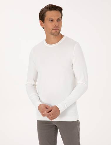 Ekru Slim Fit Bisiklet Yaka Triko Kazak
