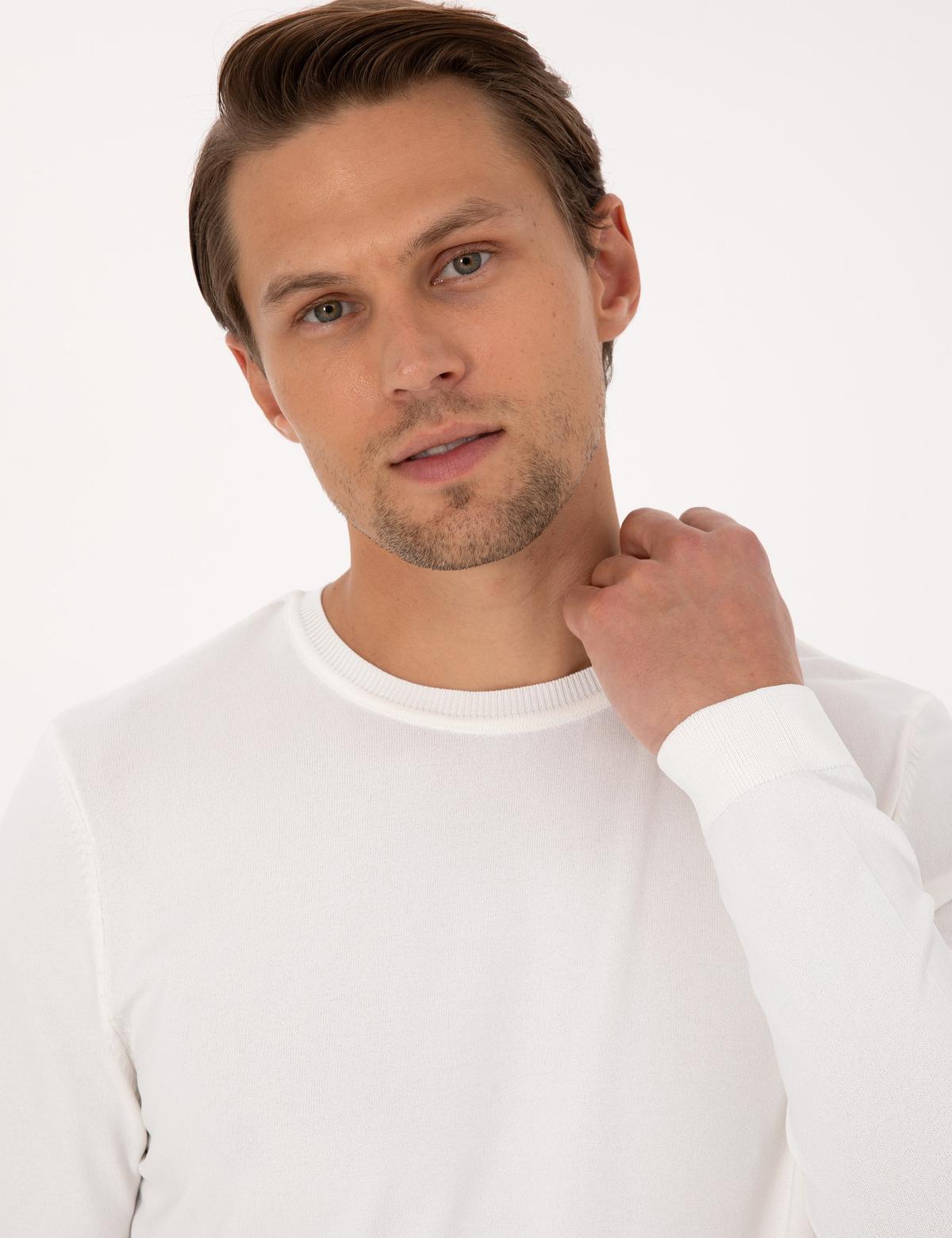 Ekru Slim Fit Bisiklet Yaka Triko Kazak - 50316798009