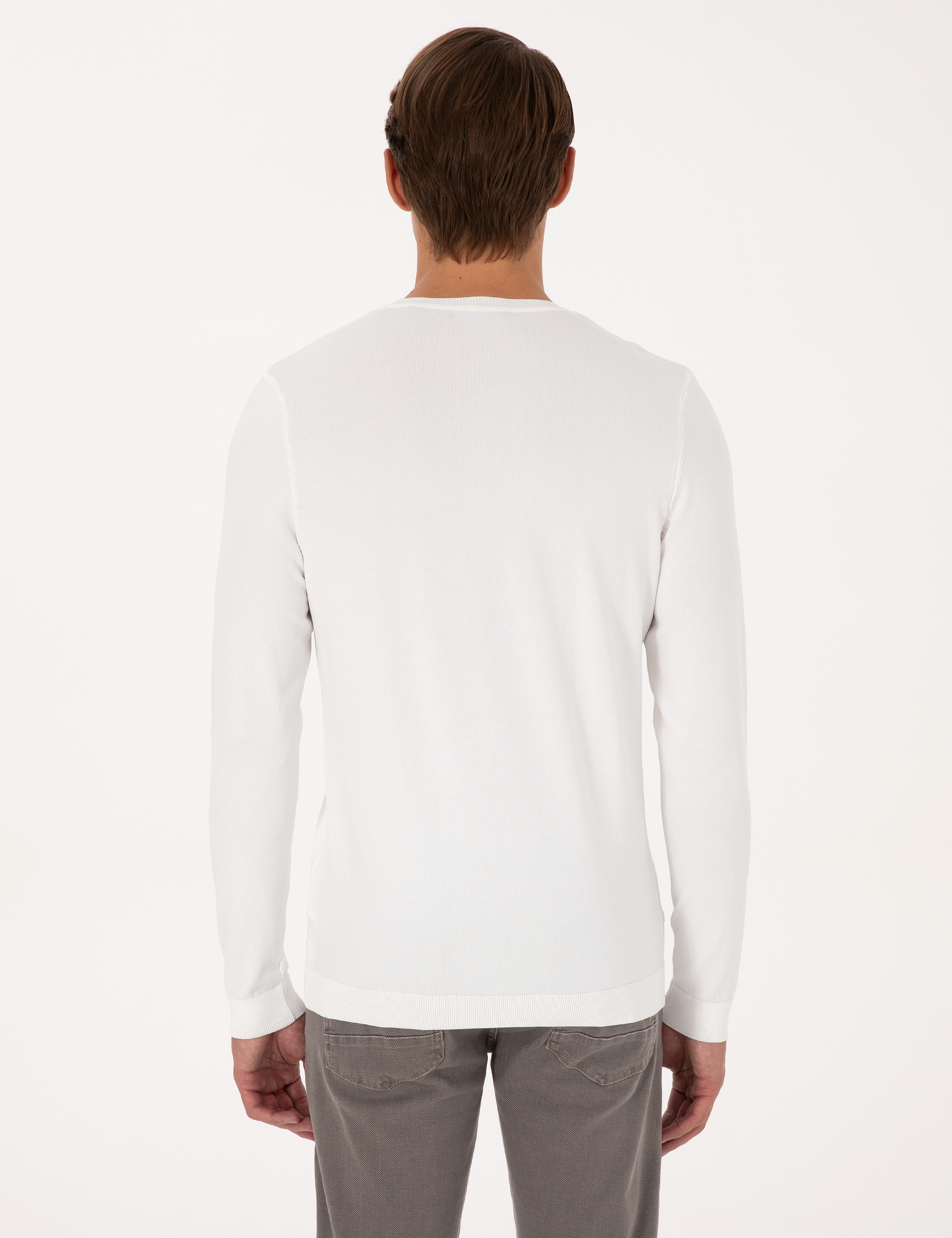 Ekru Slim Fit Bisiklet Yaka Triko Kazak - Image 5