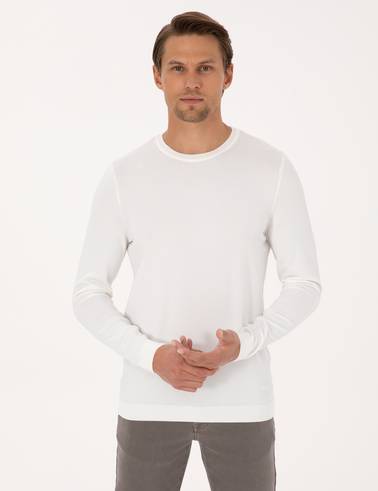 Ekru Slim Fit Bisiklet Yaka Triko Kazak
