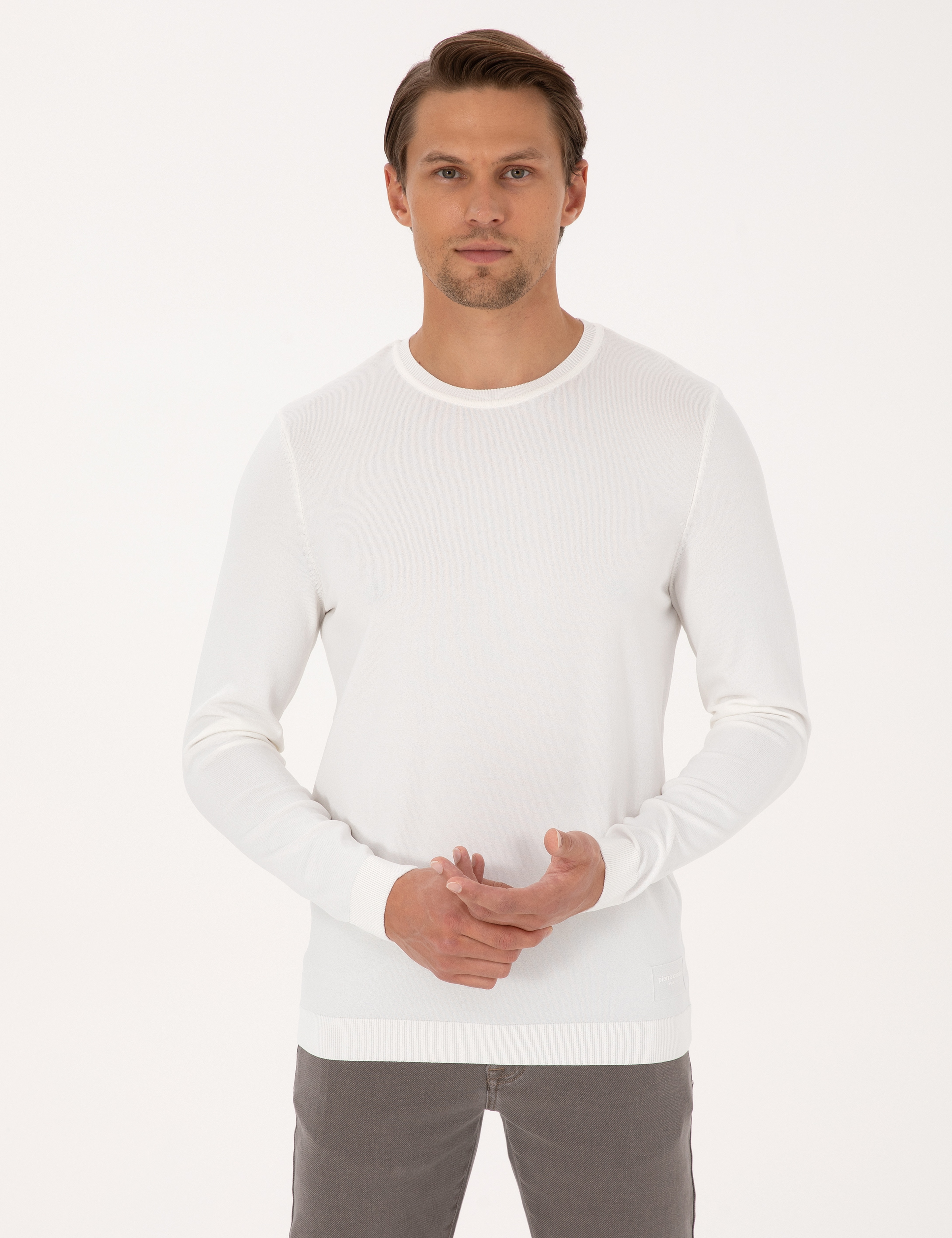 Ekru Slim Fit Bisiklet Yaka Triko Kazak - Image 1