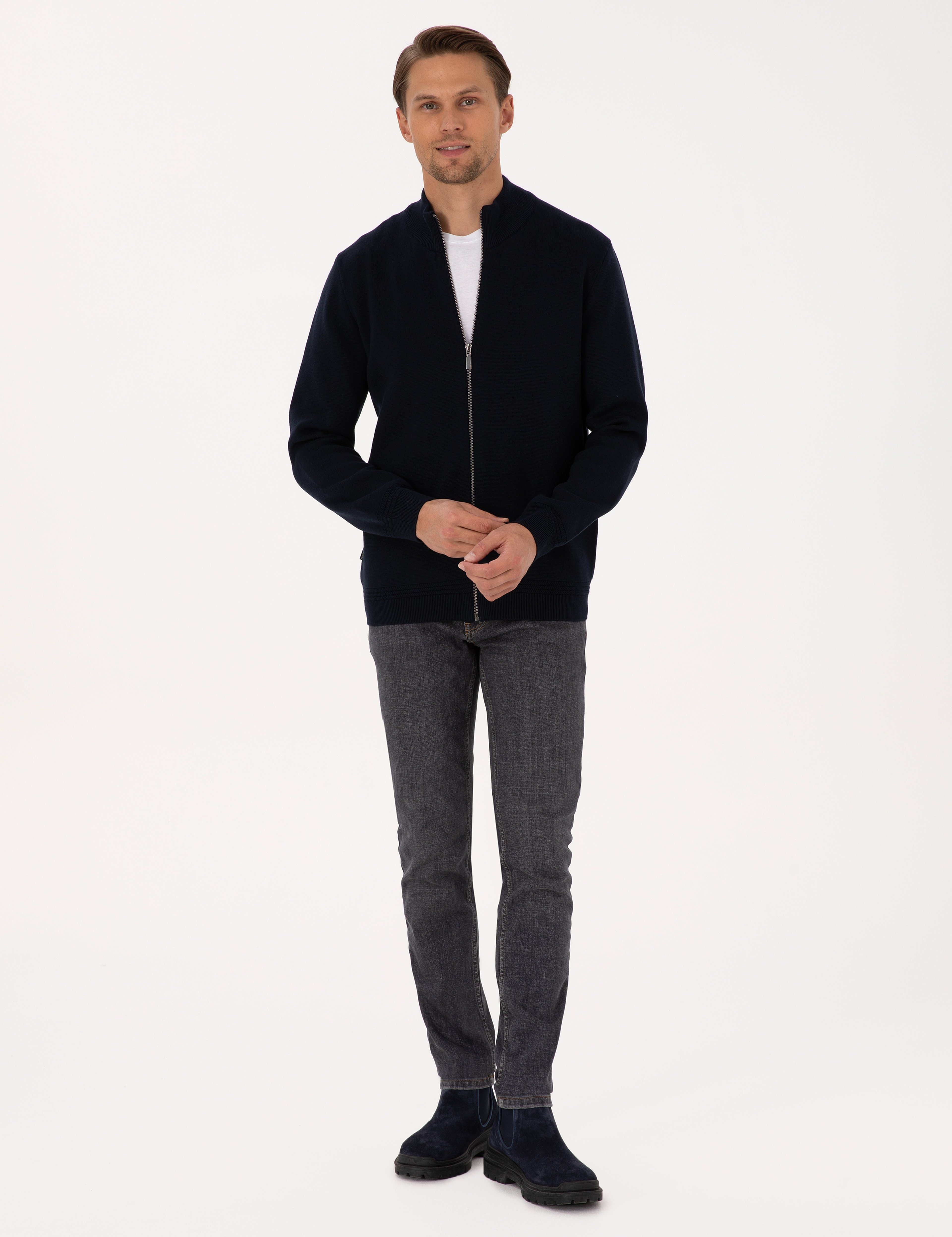 Lacivert Regular Fit Fermuarlı Triko Hırka