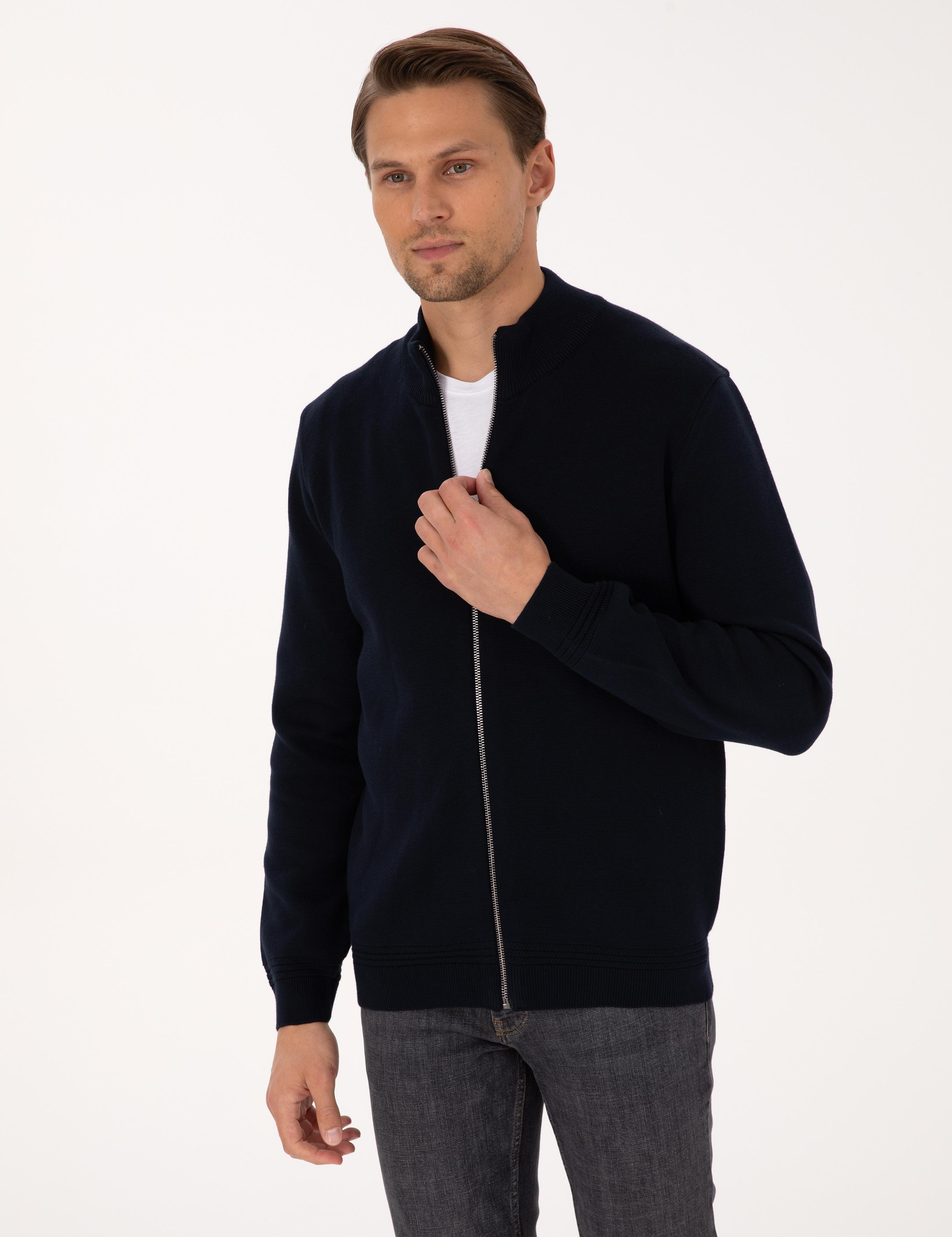 Lacivert Regular Fit Fermuarlı Triko Hırka