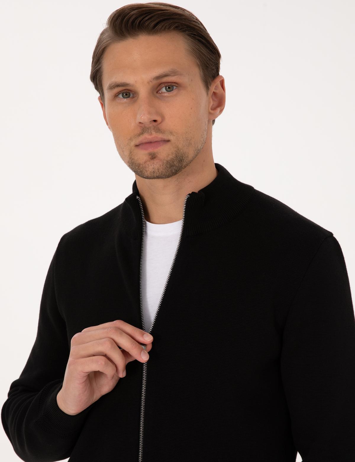 Siyah Regular Fit Fermuarlı Triko Hırka - 50315821013