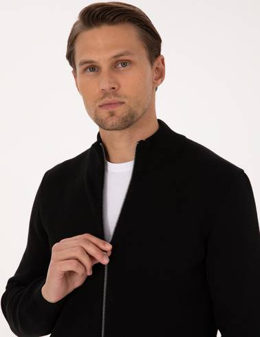 Siyah Regular Fit Fermuarlı Triko Hırka