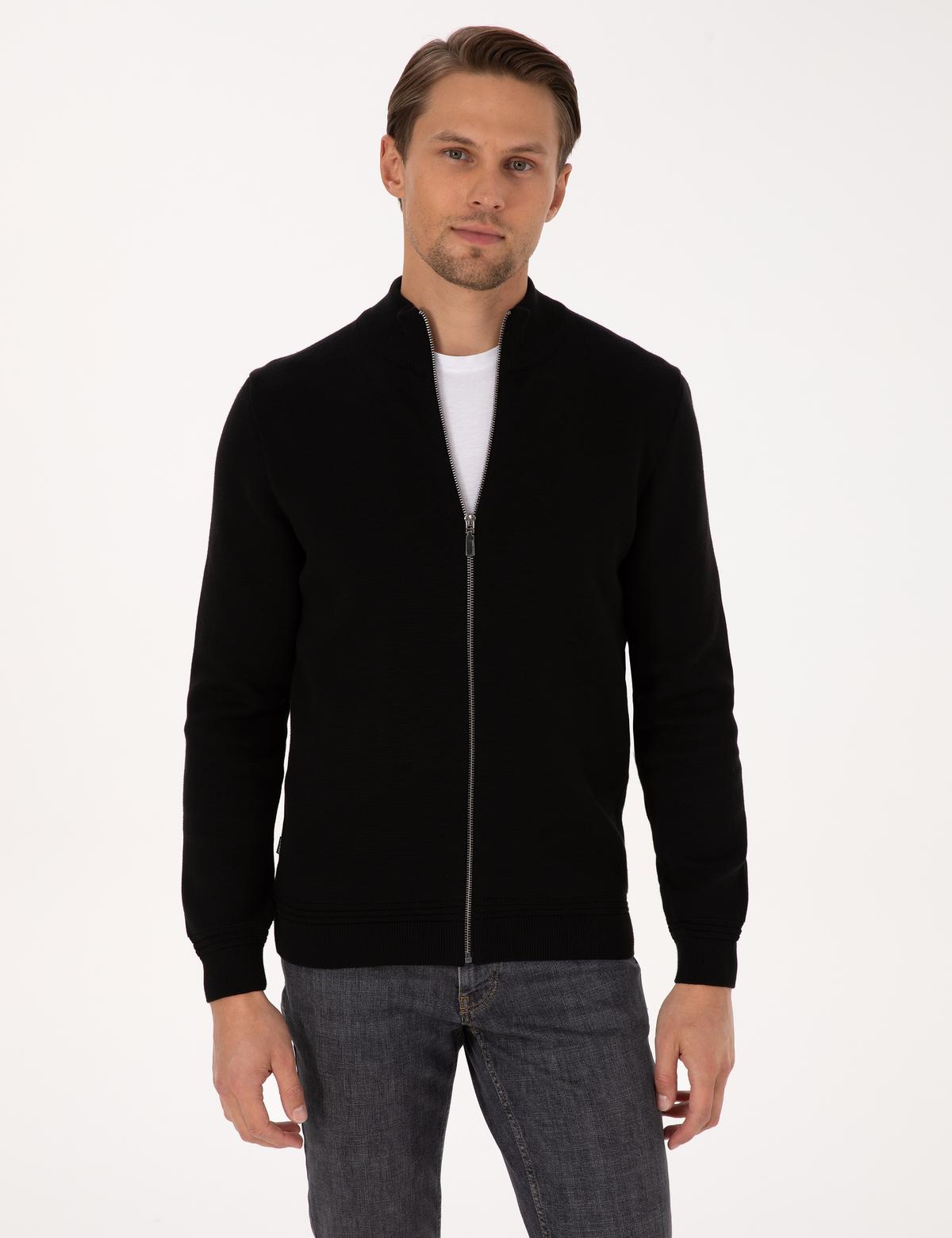 Siyah Regular Fit Fermuarlı Triko Hırka