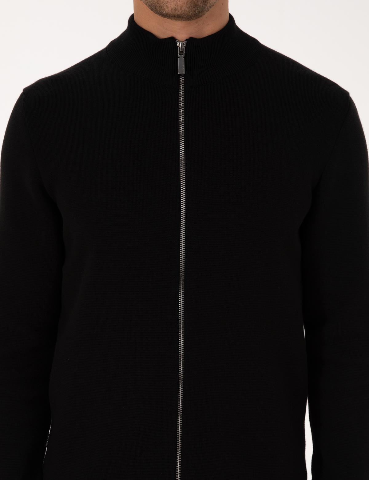 Siyah Regular Fit Fermuarlı Triko Hırka - 50315821013