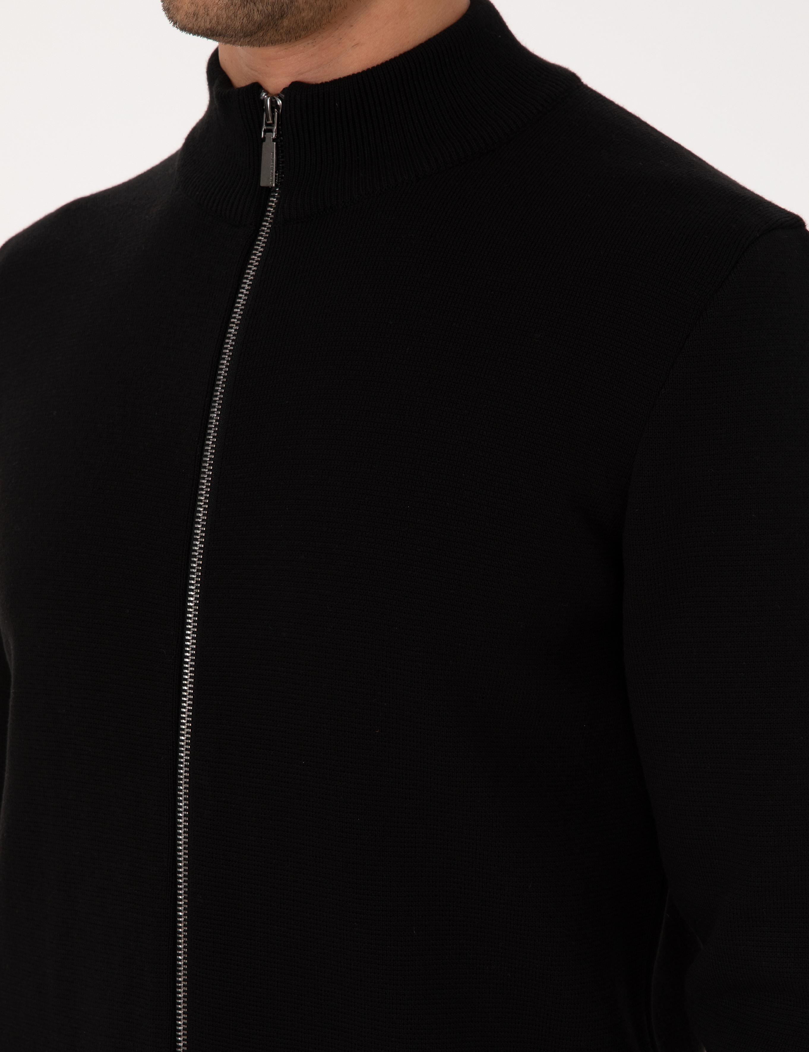 Siyah Regular Fit Fermuarlı Triko Hırka
