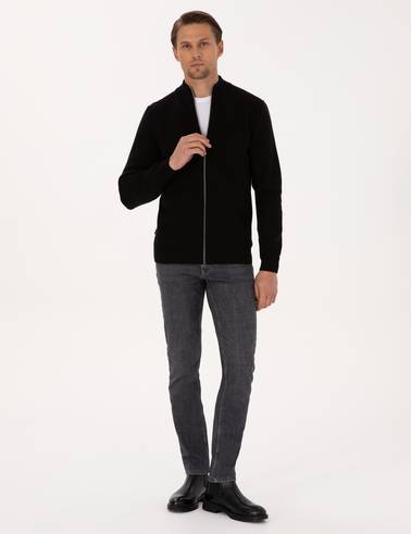 Siyah Regular Fit Fermuarlı Triko Hırka