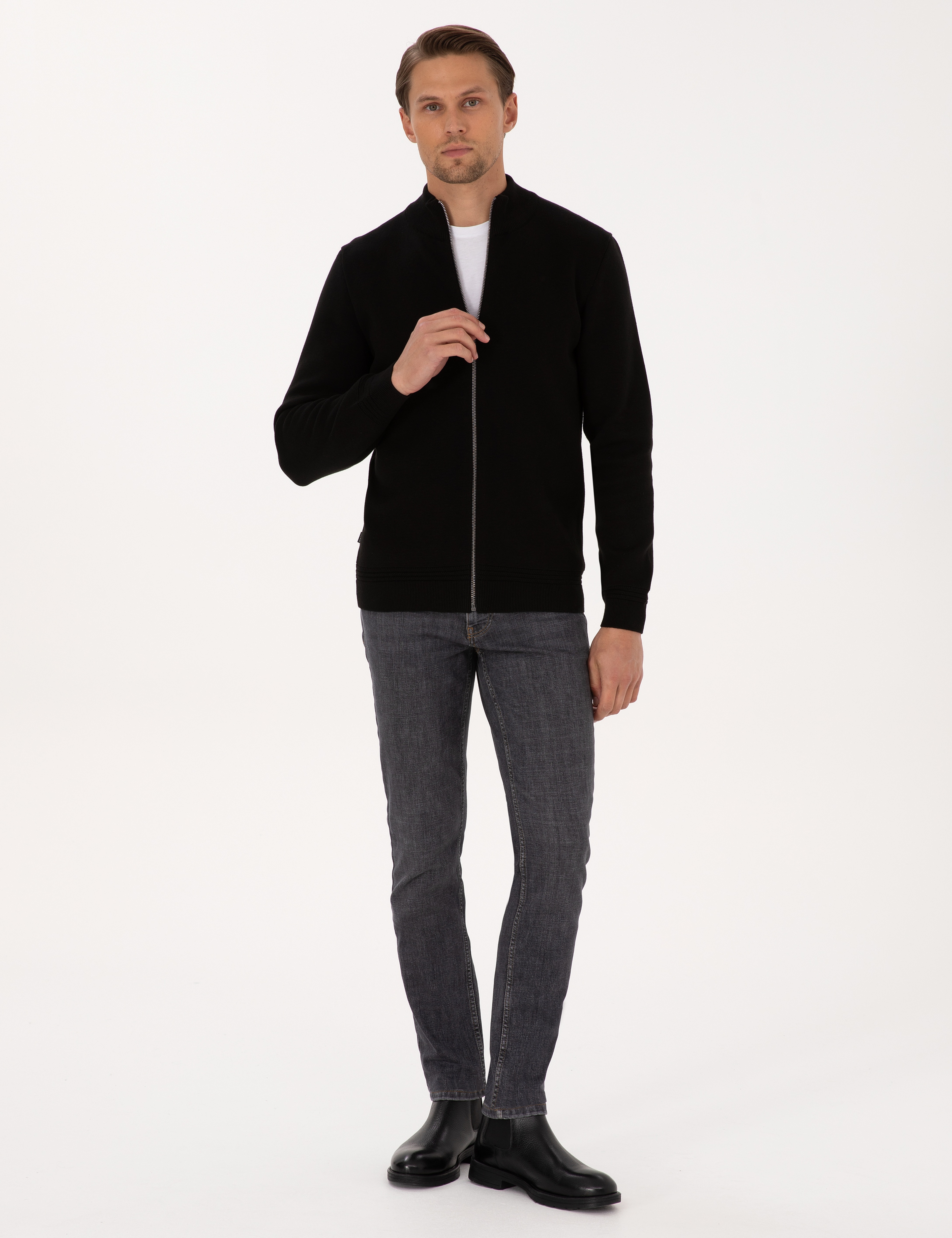 Siyah Regular Fit Fermuarlı Triko Hırka - Image 4