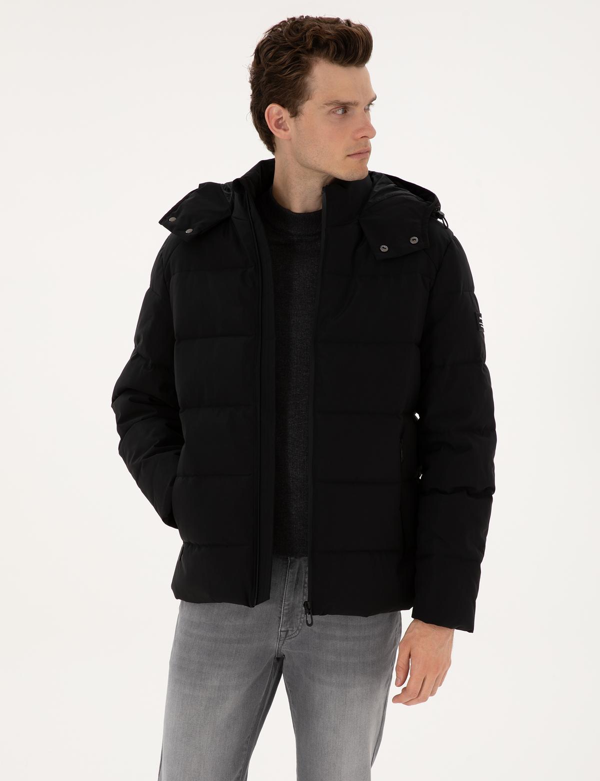 Siyah Kapüşonlu Şişme Mont - 50313933009