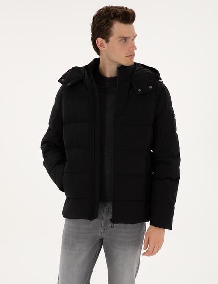 Siyah Kapüşonlu Şişme Mont - 50313933009