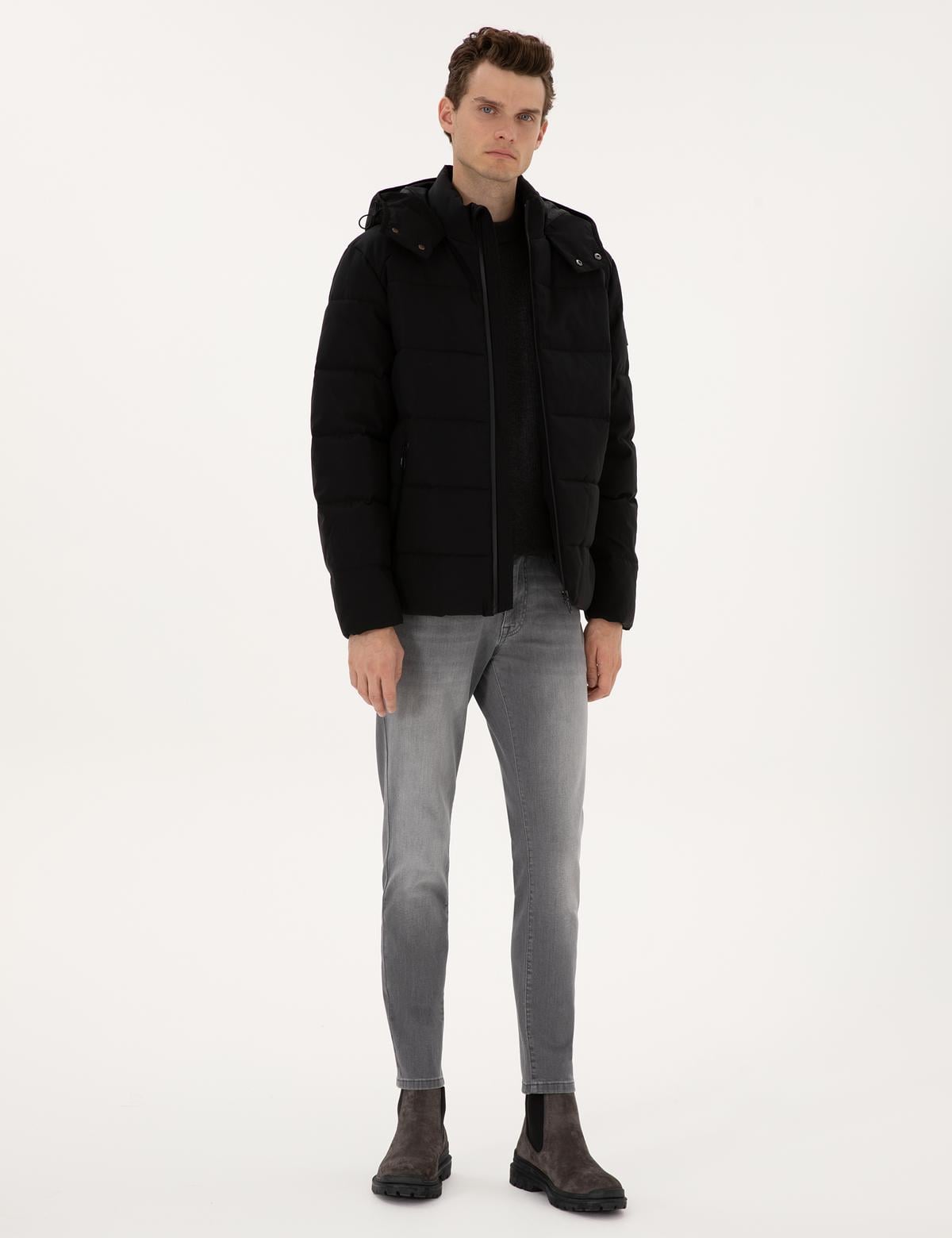 Siyah Kapüşonlu Şişme Mont - 50313933009