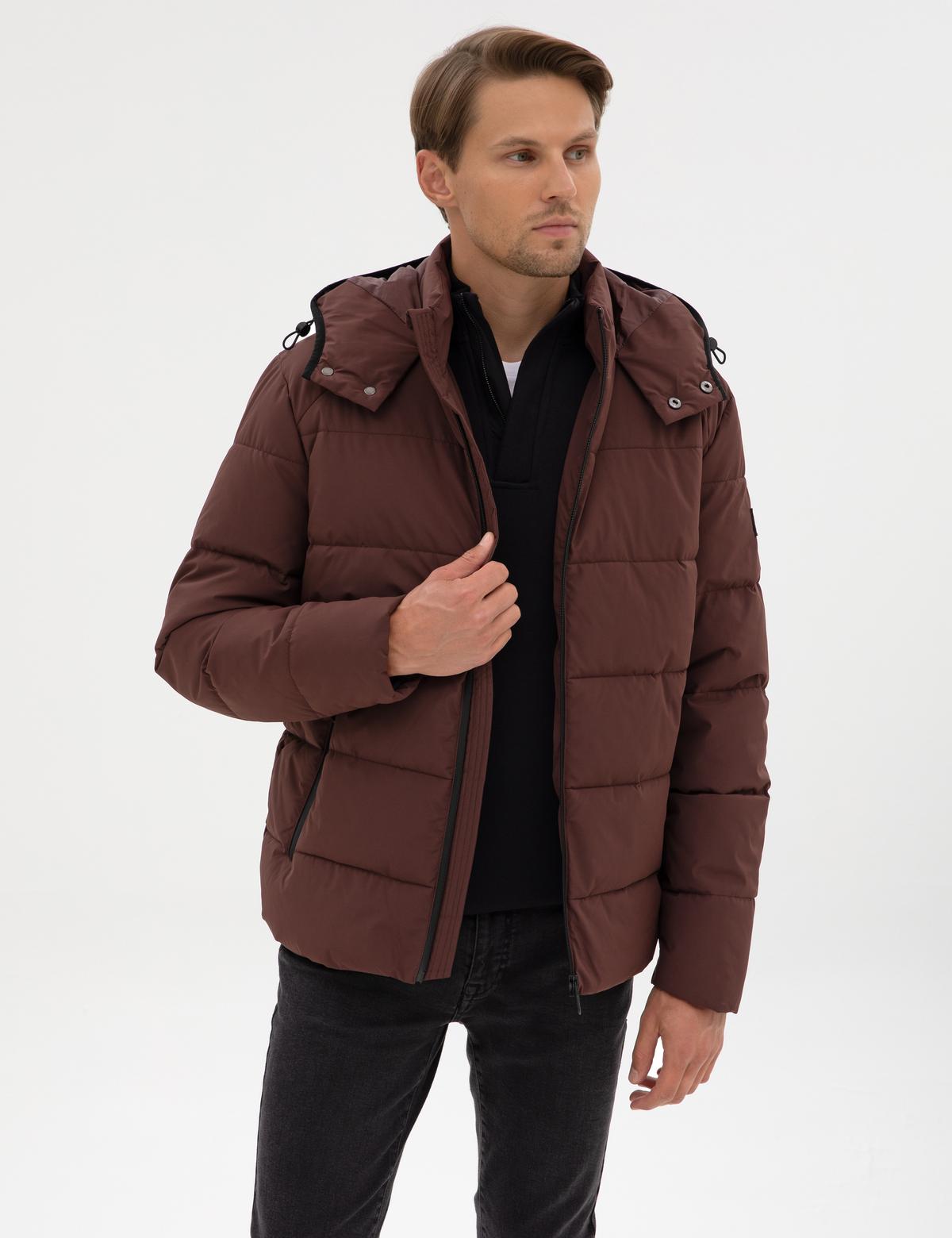 Kahverengi Kapüşonlu Şişme Mont - 50313933023