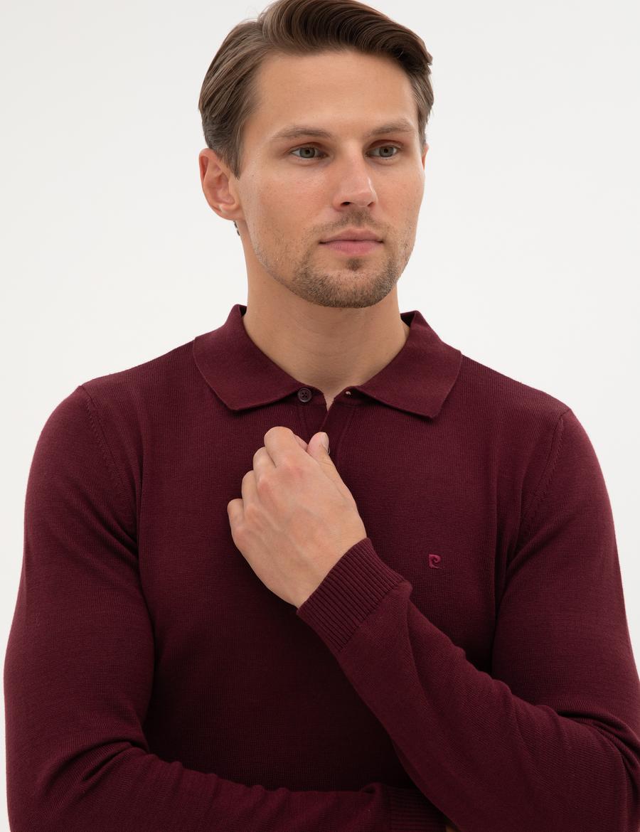 Bordo Slim Fit Polo Yaka Basic Triko Kazak