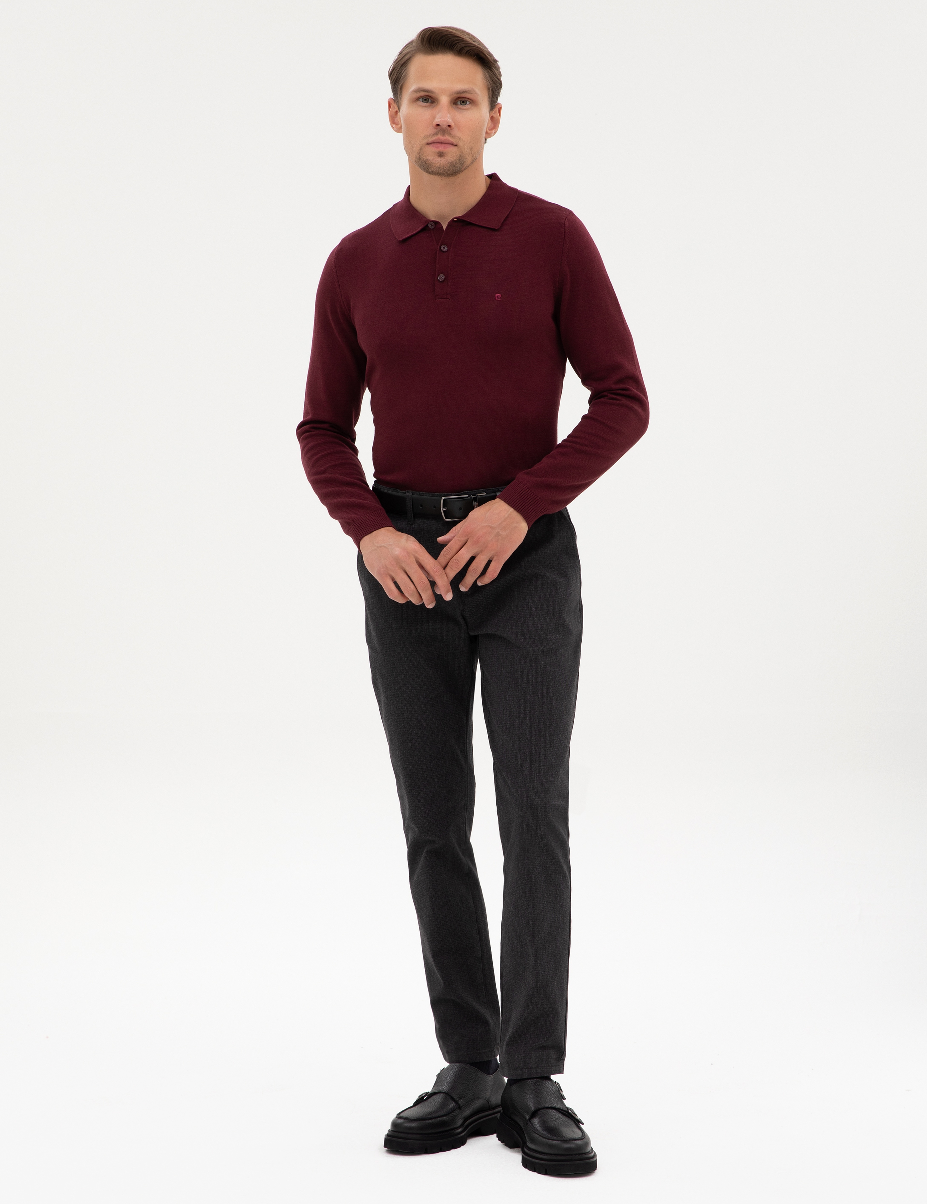 Bordo Slim Fit Polo Yaka Basic Triko Kazak - Image 4