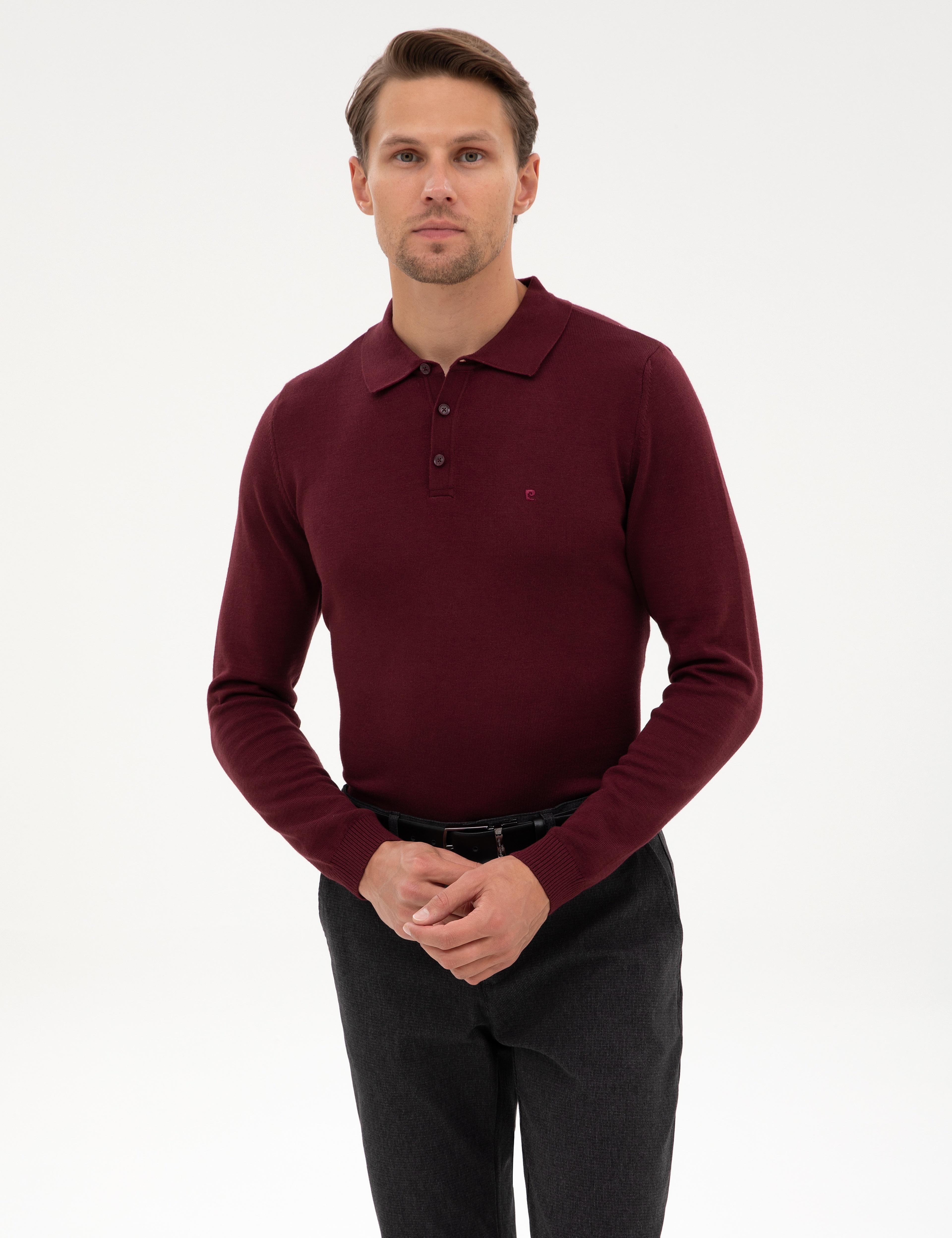 Bordo Slim Fit Polo Yaka Basic Triko Kazak - Image 1