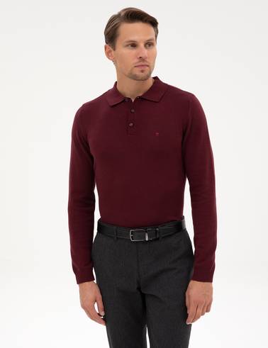 Bordo Slim Fit Polo Yaka Basic Triko Kazak