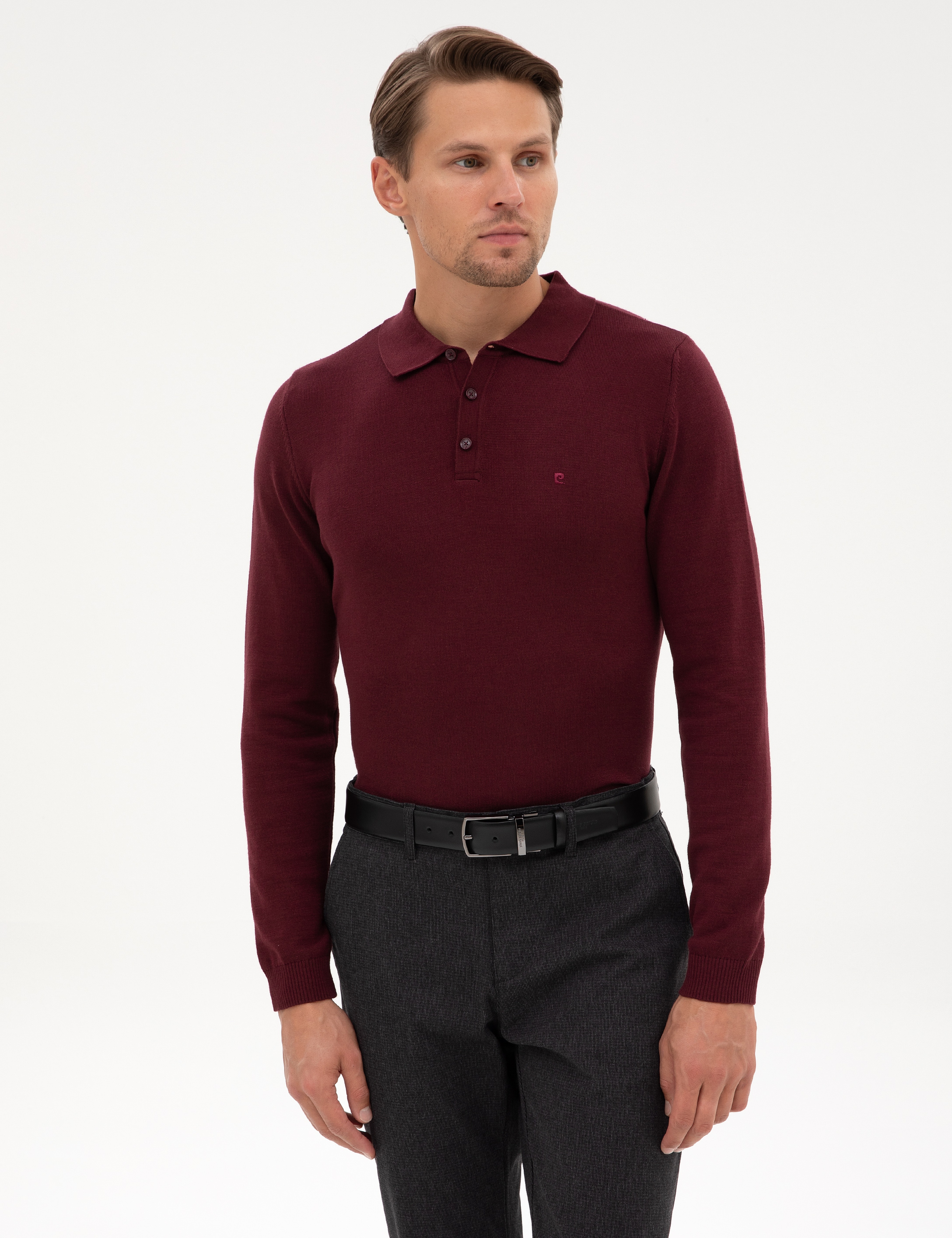 Bordo Slim Fit Polo Yaka Basic Triko Kazak