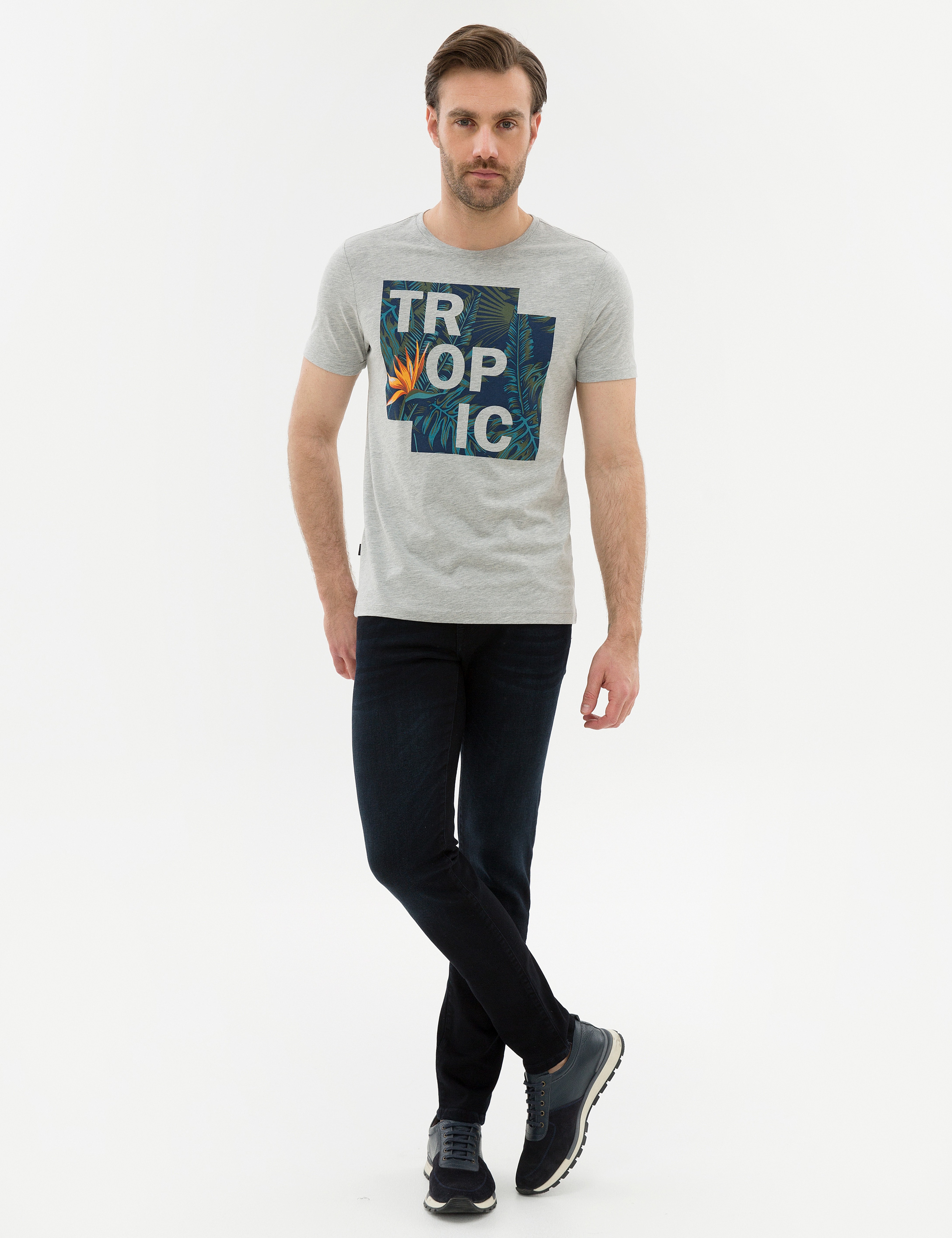 Açık Gri Melanj Slim Fit Bisiklet Yaka T-Shirt - Image 4