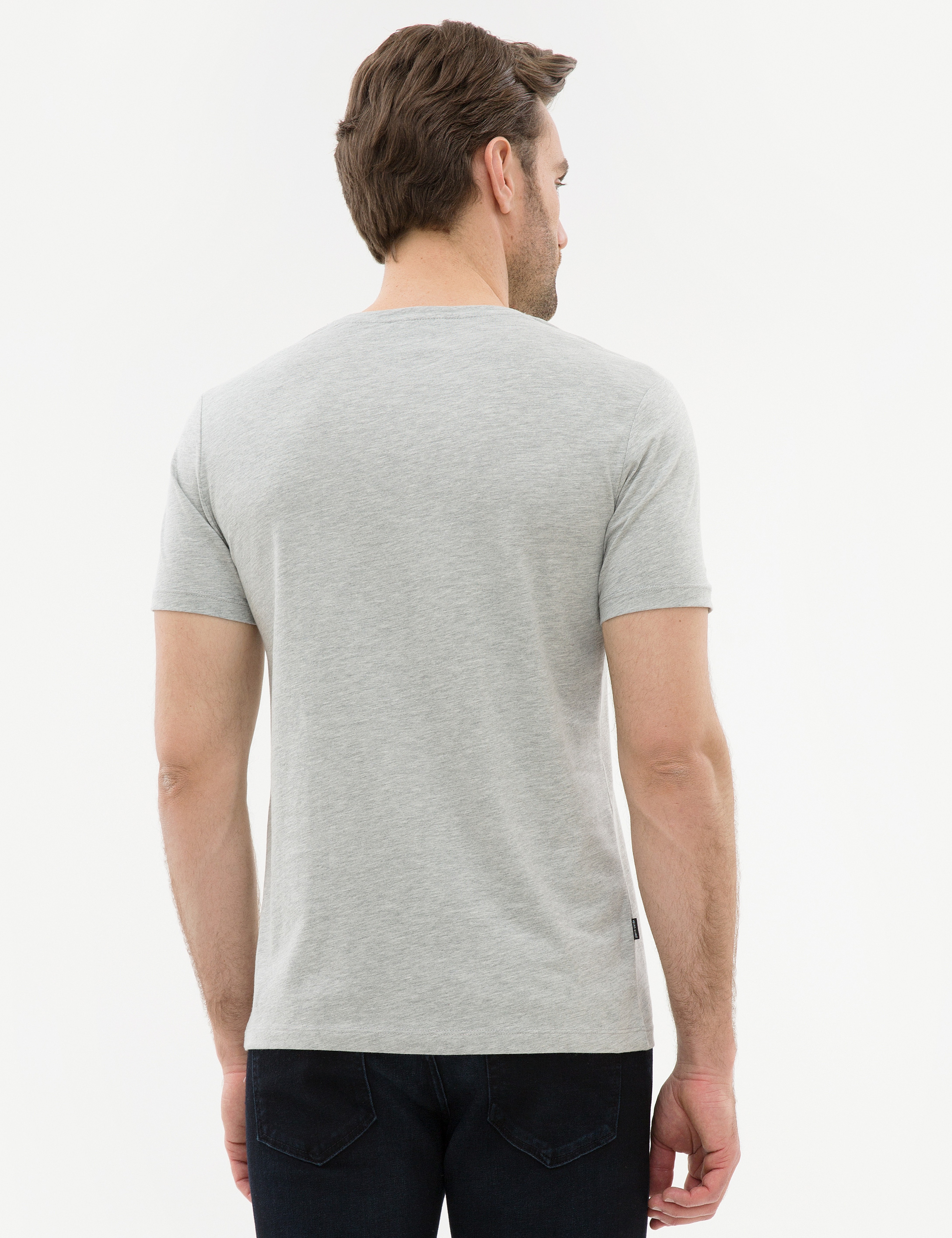Açık Gri Melanj Slim Fit Bisiklet Yaka T-Shirt - Image 3