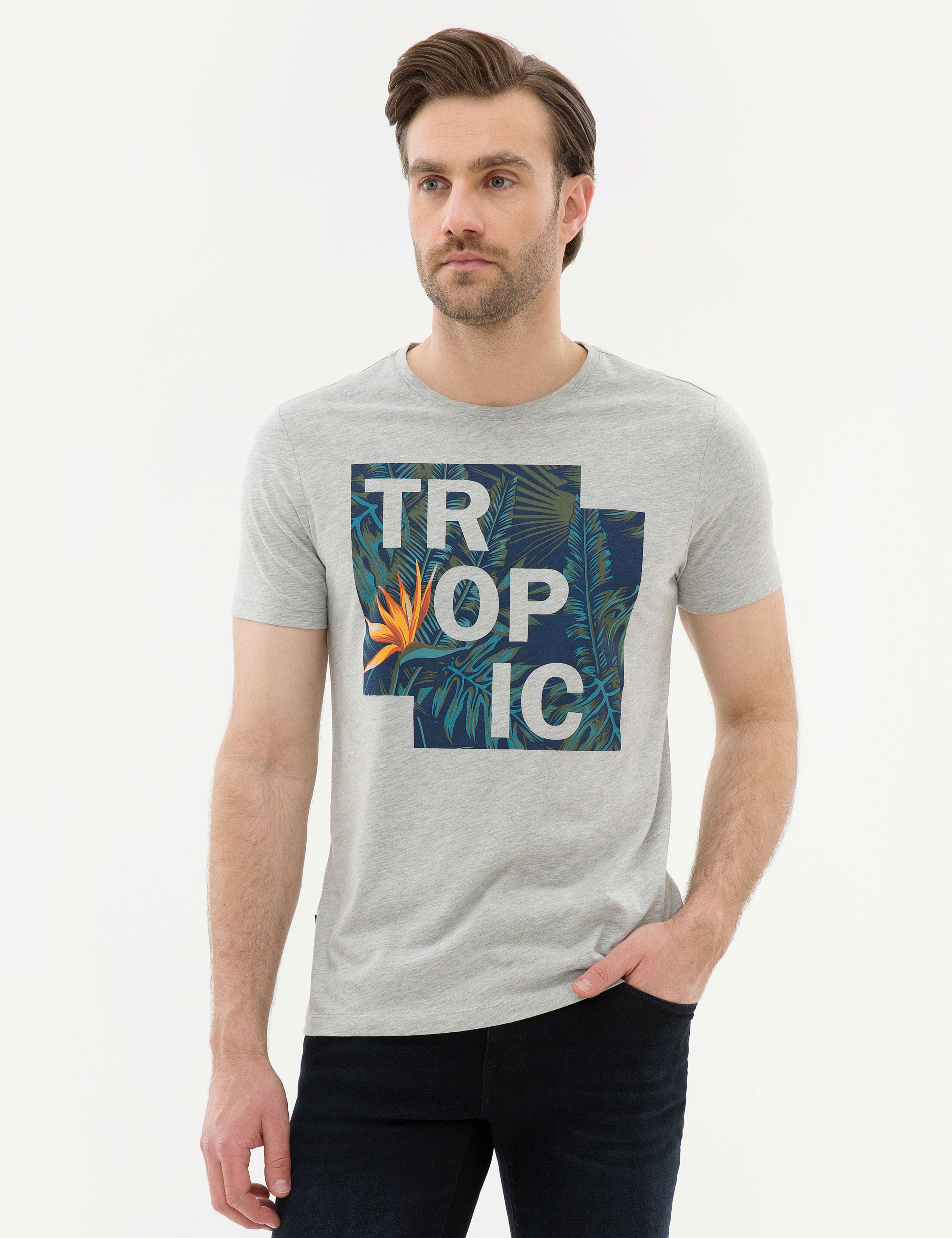 Açık Gri Melanj Slim Fit Bisiklet Yaka T-Shirt - Image 2