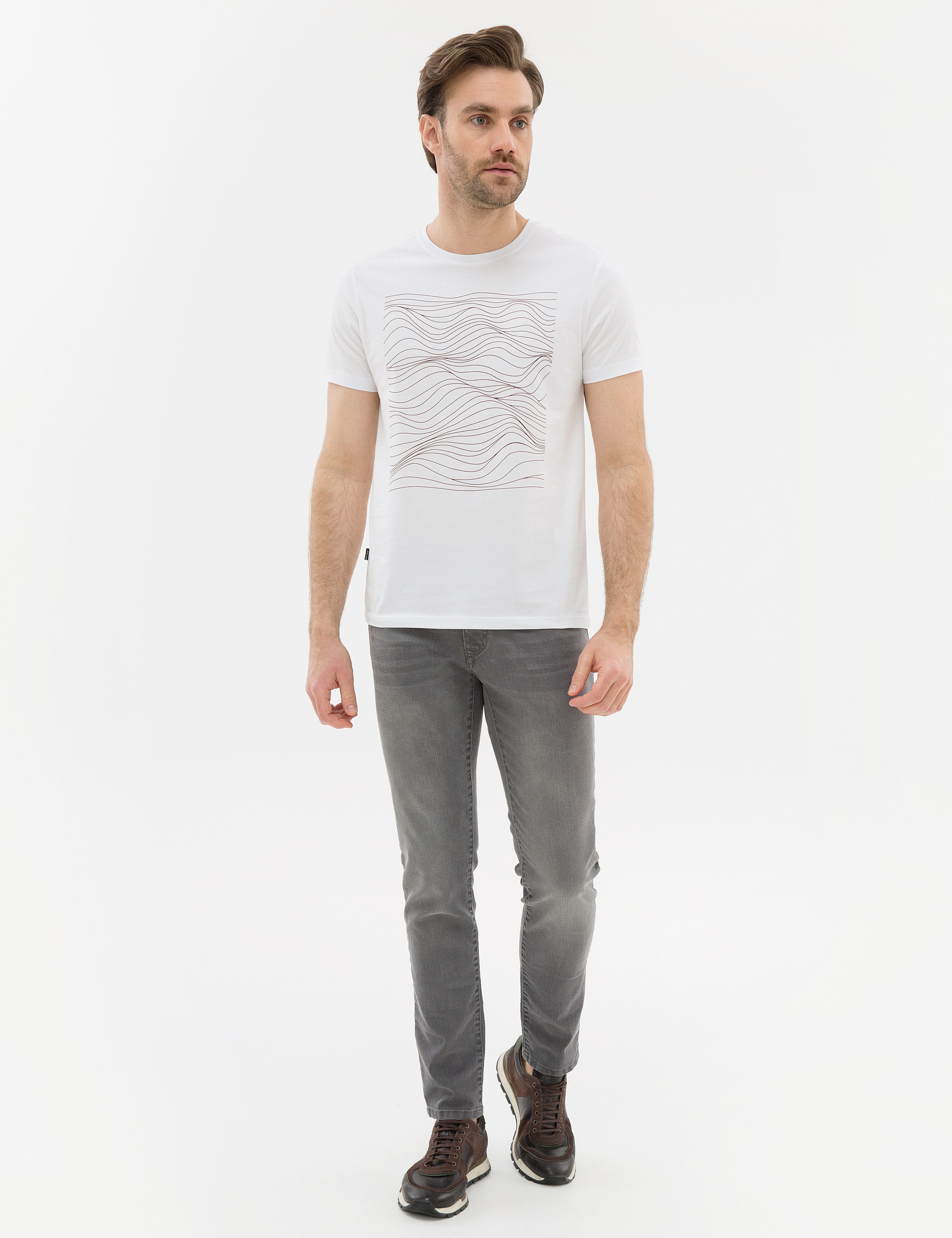 Kahverengi Çizgili Regular Fit Bisiklet Yaka T-Shirt - Image 4