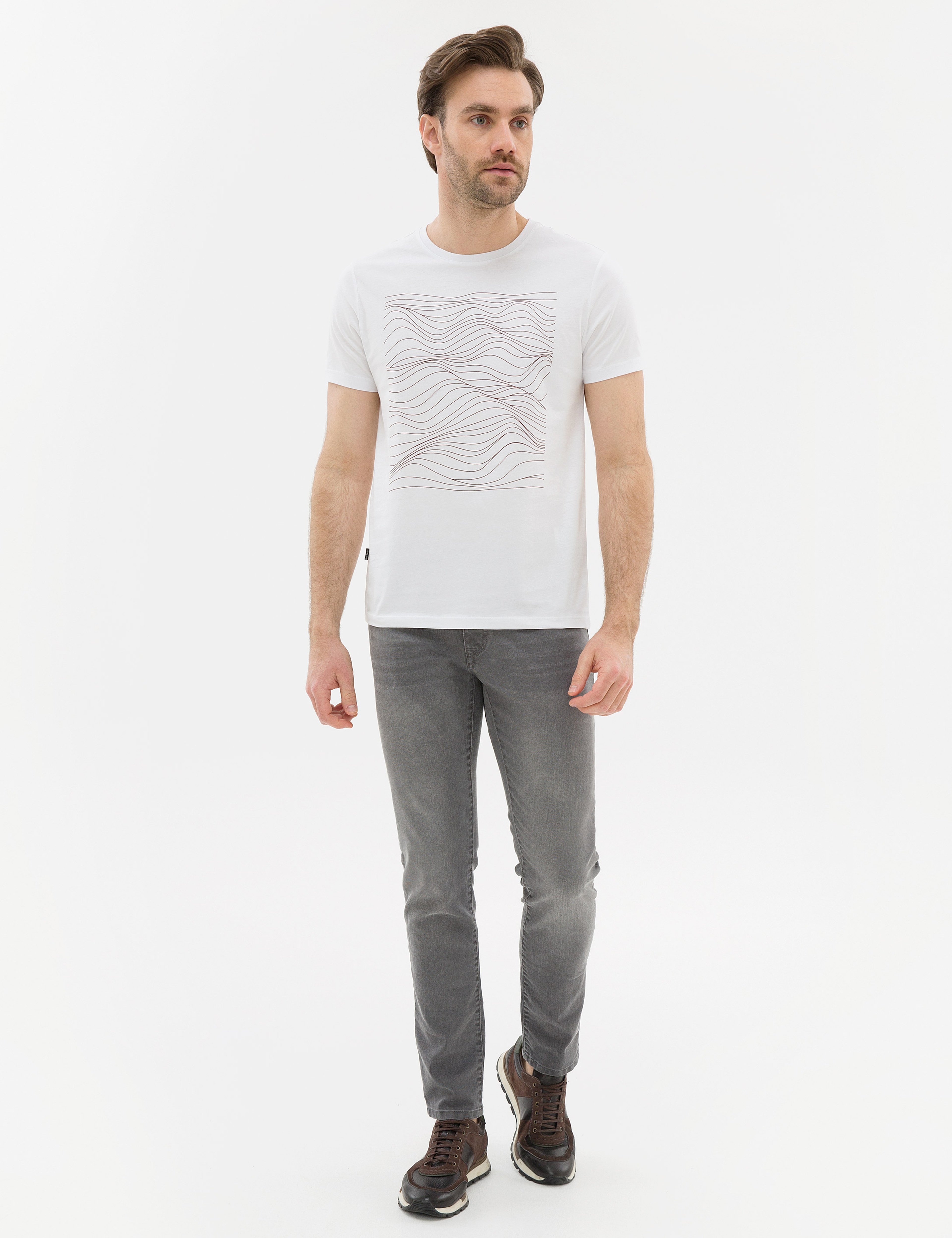 Kahverengi Çizgili Regular Fit Bisiklet Yaka T-Shirt