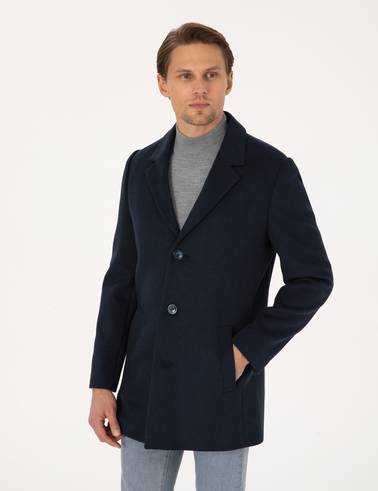 Lacivert Ekstra Slim Fit Yün Karışımlı Kaşe Kaban