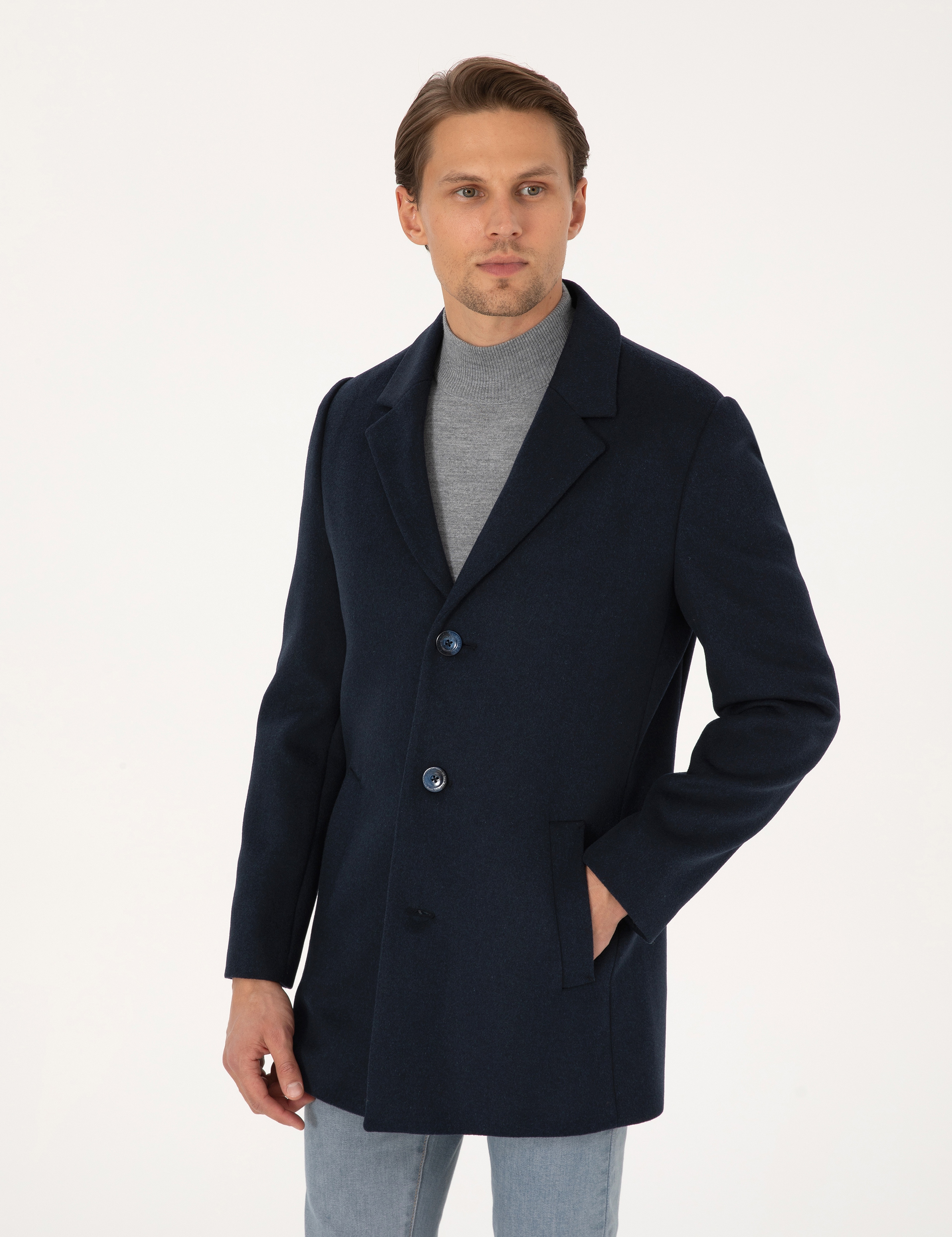Lacivert Ekstra Slim Fit Yün Karışımlı Kaşe Kaban - Image 3