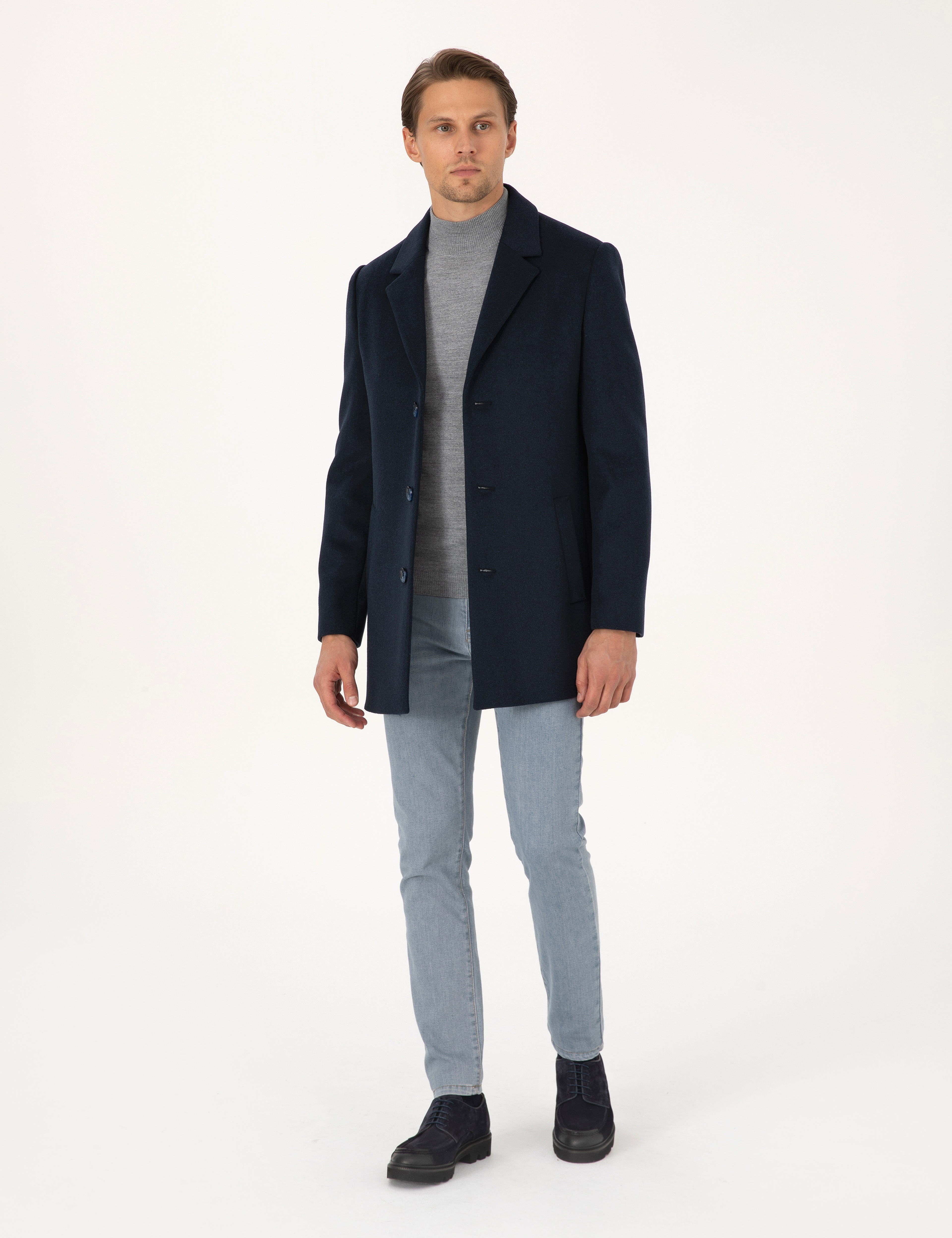 Lacivert Ekstra Slim Fit Yün Karışımlı Kaşe Kaban - Image 4