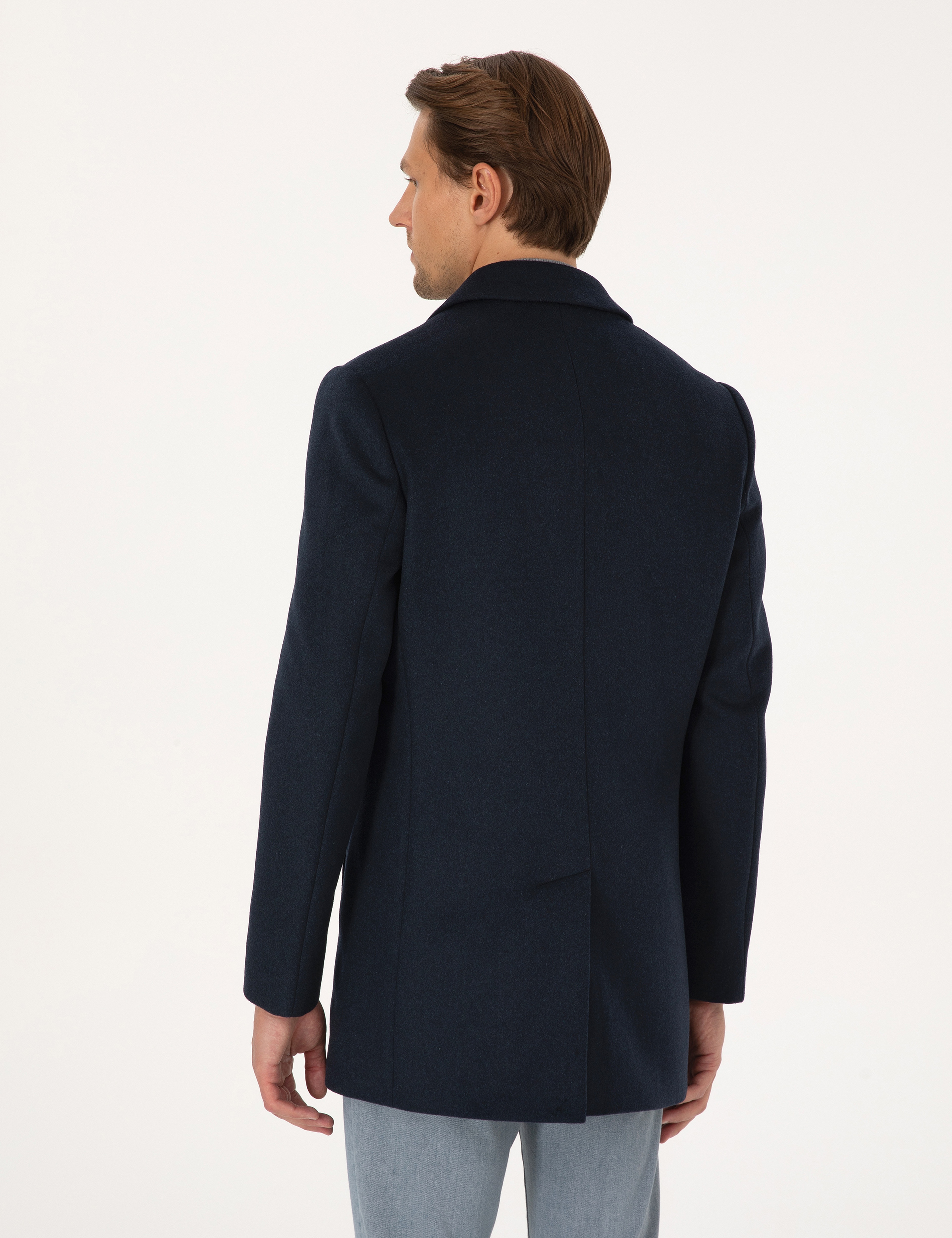 Lacivert Ekstra Slim Fit Yün Karışımlı Kaşe Kaban - Image 5