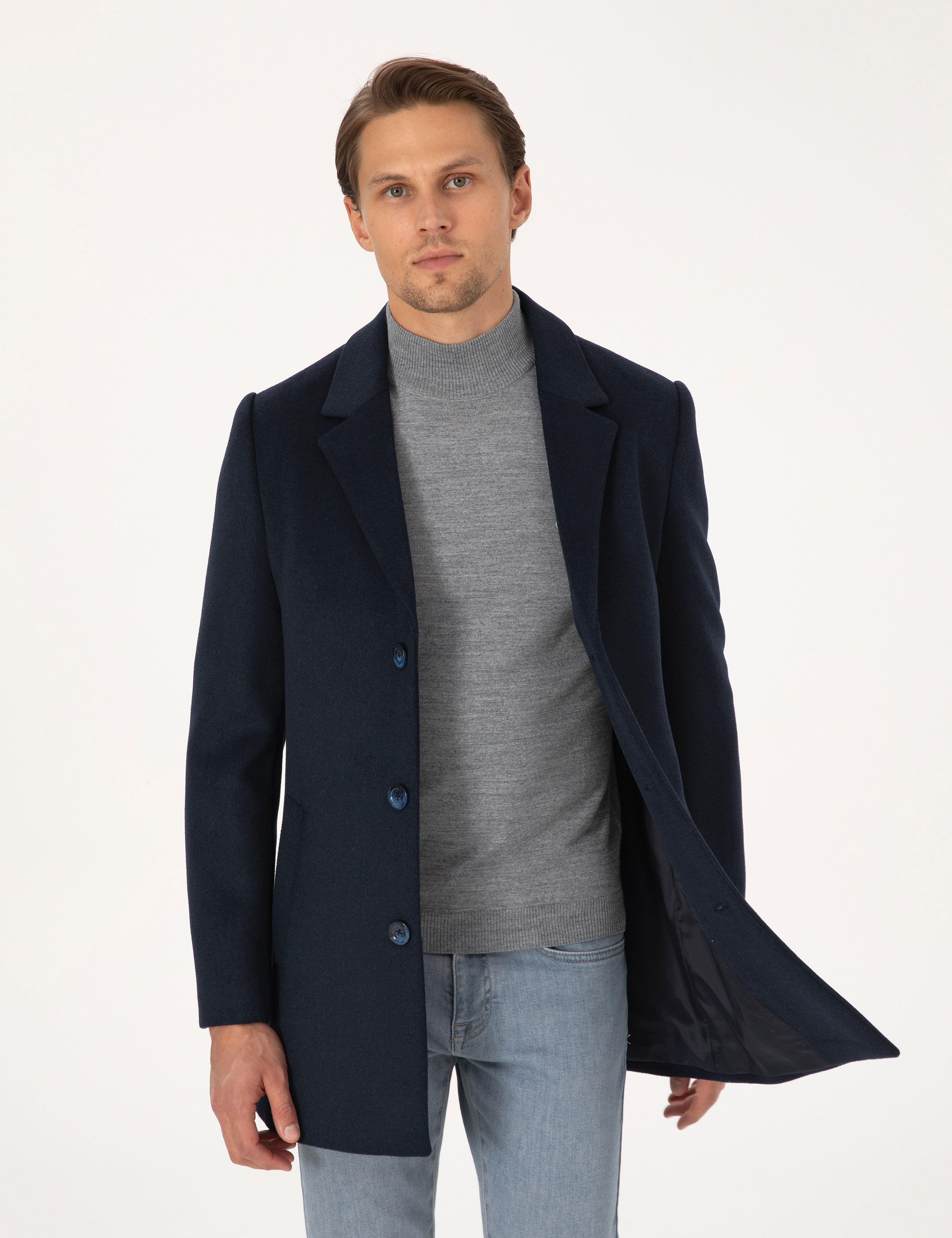Lacivert Ekstra Slim Fit Yün Karışımlı Kaşe Kaban - Image 1