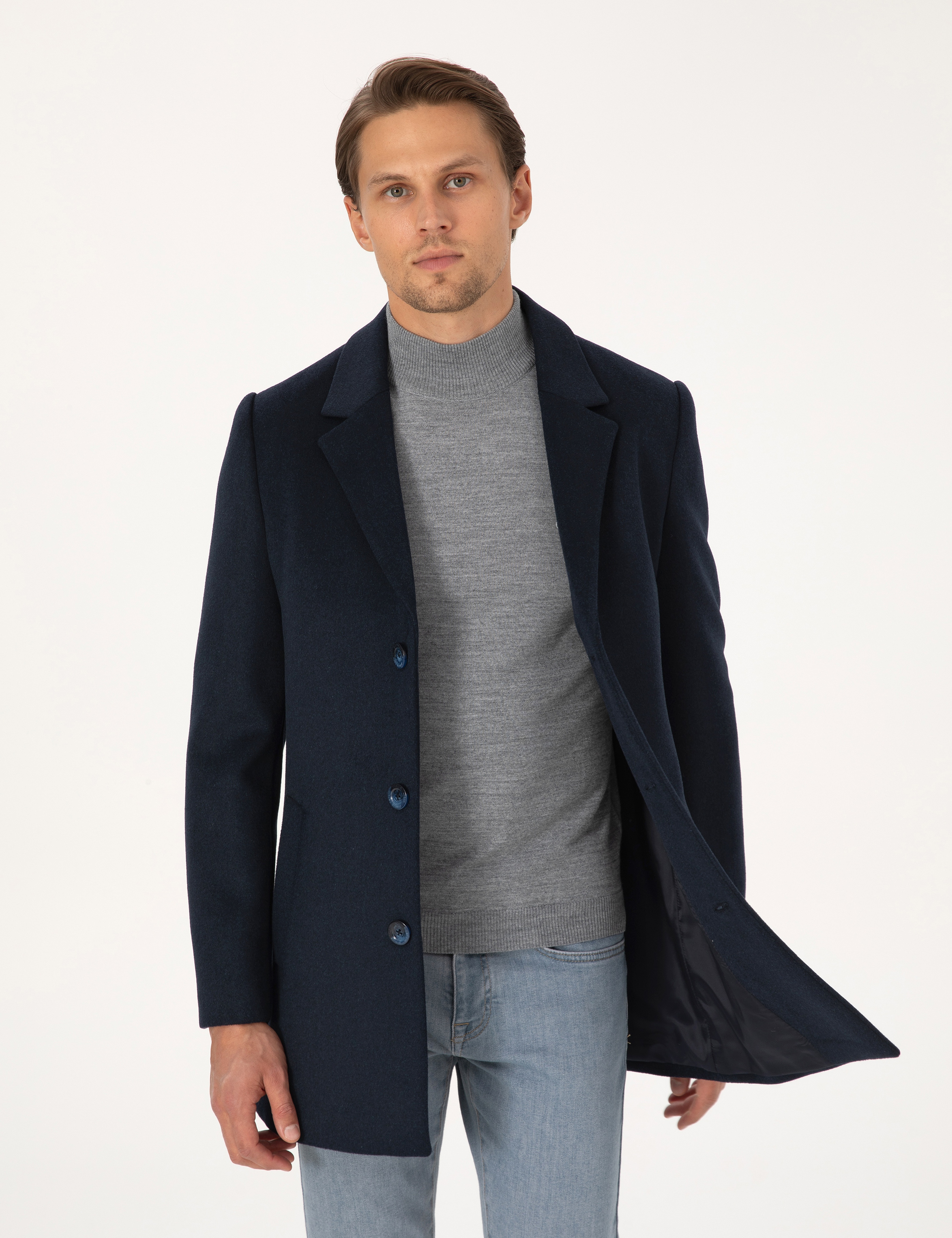 Lacivert Ekstra Slim Fit Yün Karışımlı Kaşe Kaban