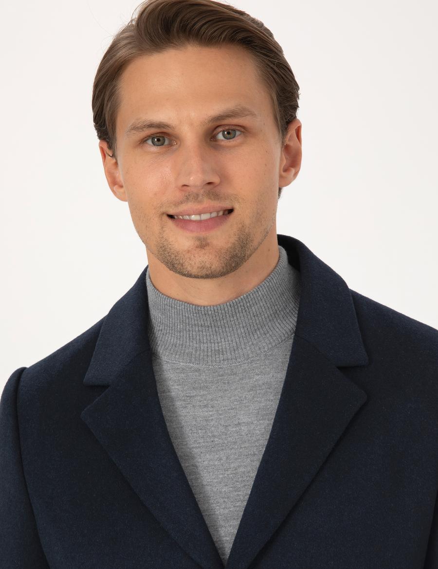 Lacivert Ekstra Slim Fit Yün Karışımlı Kaşe Kaban