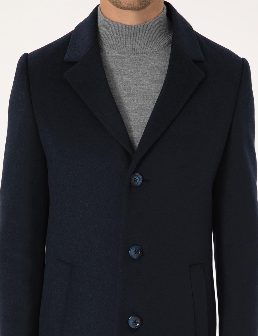 Lacivert Ekstra Slim Fit Yün Karışımlı Kaşe Kaban