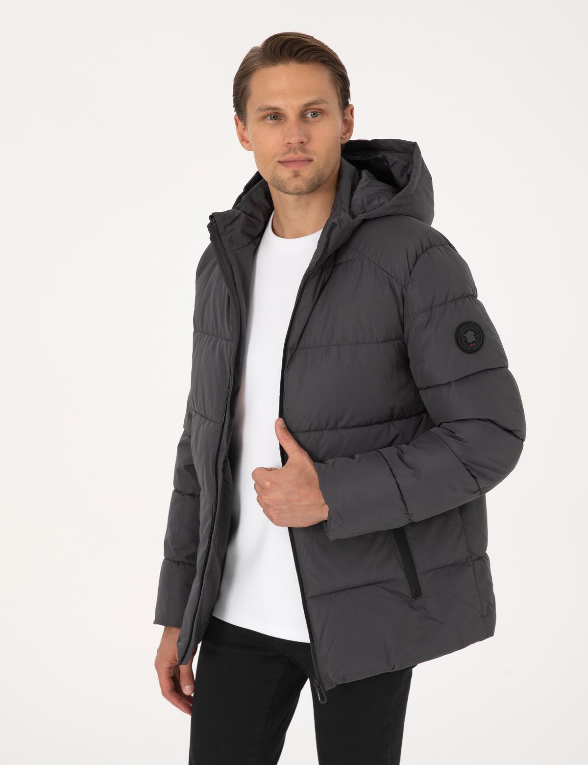 Gri Kapüşonlu Mont - 50313923013