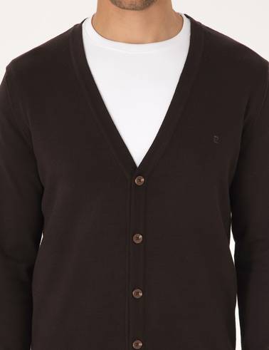 Koyu Kahverengi Slim Fit Basic Düğmeli Triko Hırka