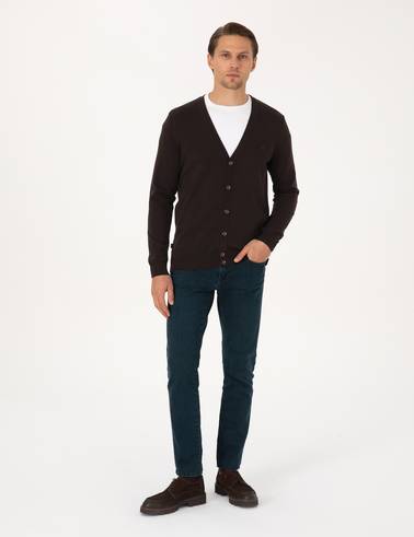 Koyu Kahverengi Slim Fit Basic Düğmeli Triko Hırka