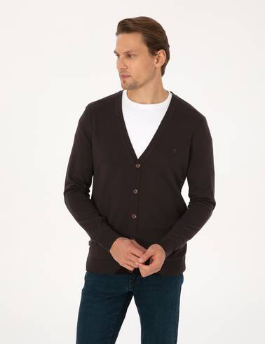 Koyu Kahverengi Slim Fit Basic Düğmeli Triko Hırka