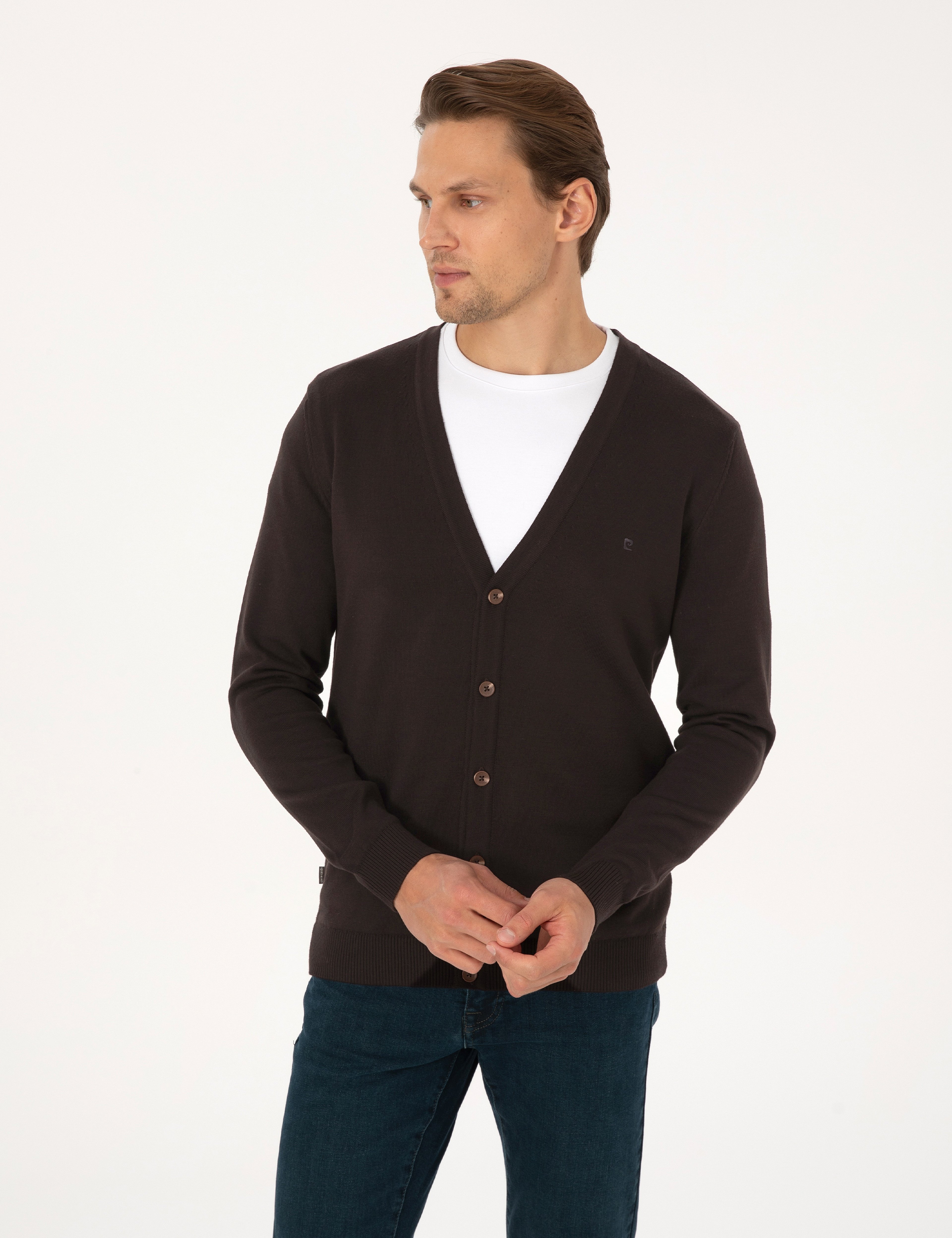 Koyu Kahverengi Slim Fit Basic Düğmeli Triko Hırka